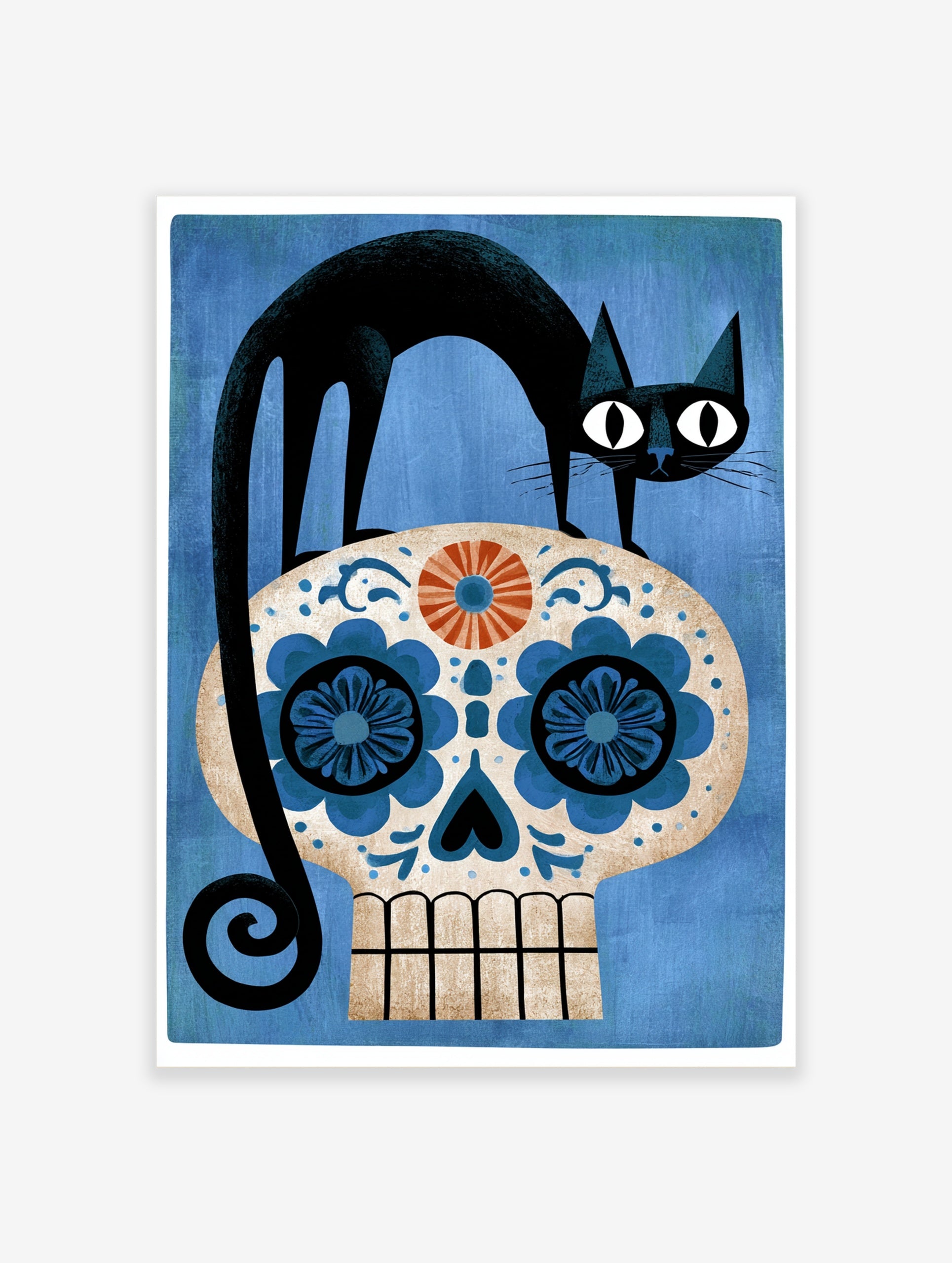 Black cat standing on a decorative blue and orange sugar skull floral illustration on a textured blue background