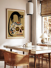 Black cat perched on a floral patterned Mexican sugar skull, illustrative art print on a beige, in a styled room mockup
