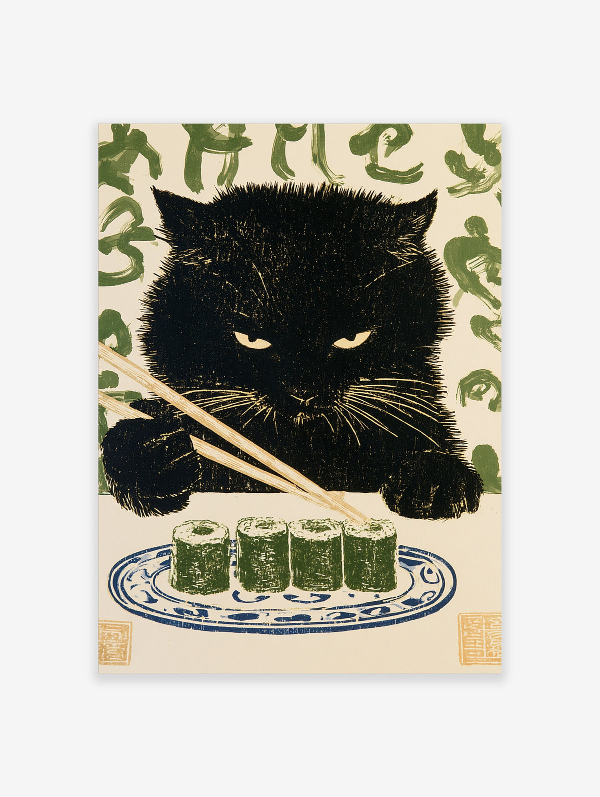Black cat with chopsticks over four green sushi rolls on a blue plate, green calligraphy background
