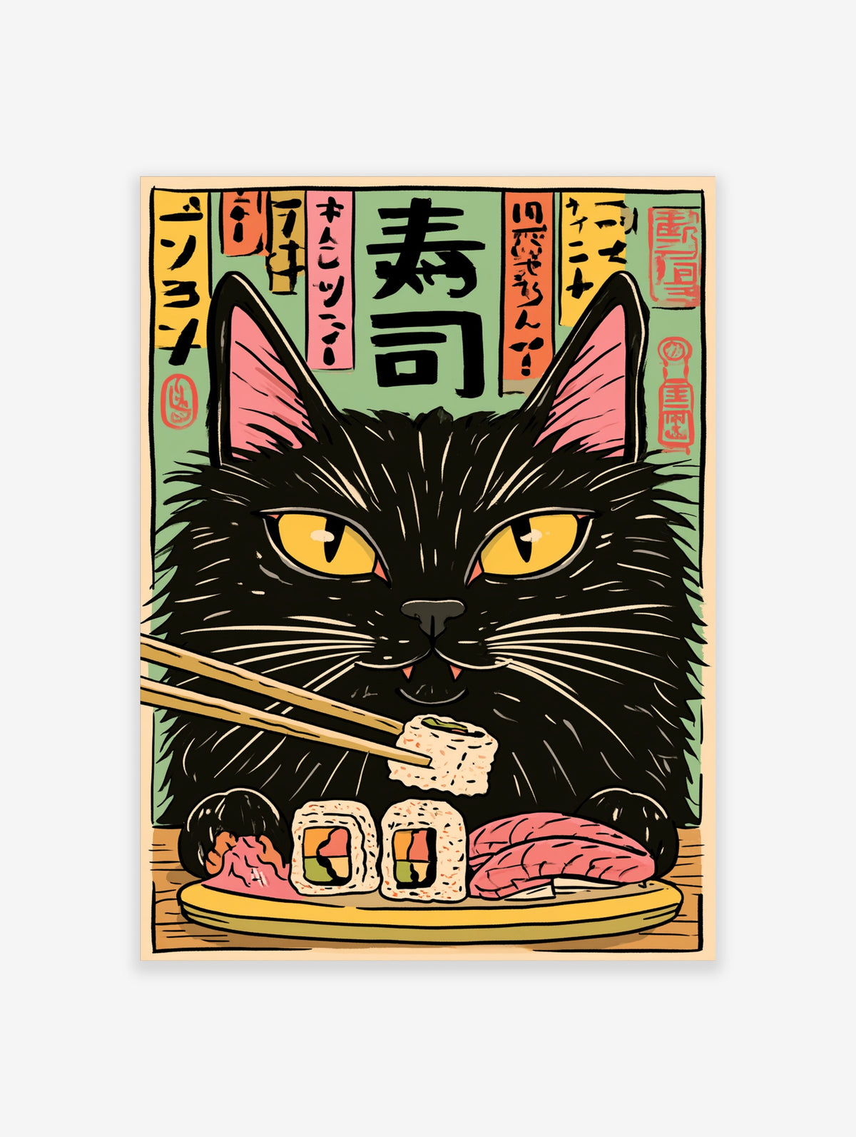 Black cat with chopsticks over sushi rolls and salmon nigiri, Japanese kanji on green background