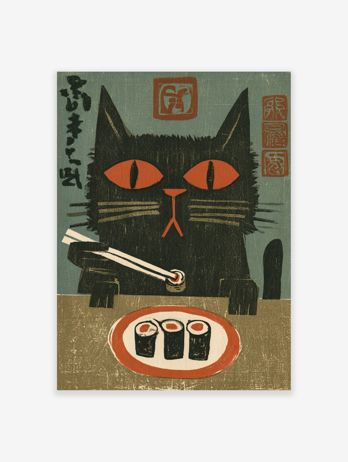 Black cat with red eyes holding chopsticks over maki sushi on a green Japanese-style poster