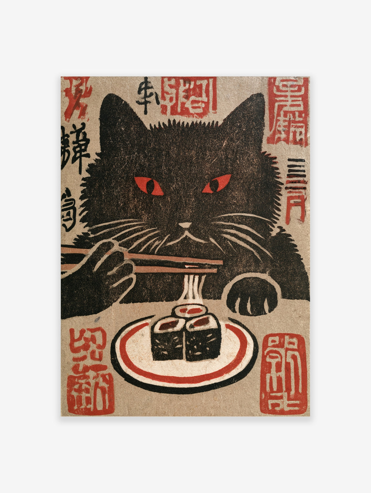 Black cat with red eyes holding chopsticks over maki sushi on a beige Japanese woodblock style poster