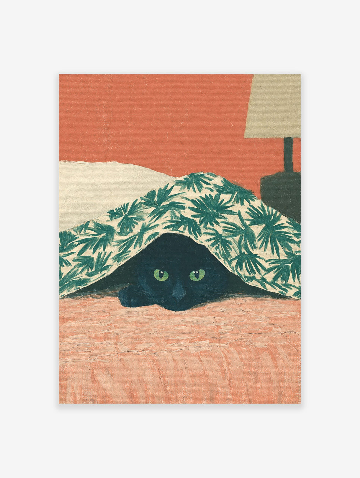 Illustrative print of a black cat with green eyes peeking from under a green palm leaf patterned blanket on a coral bed