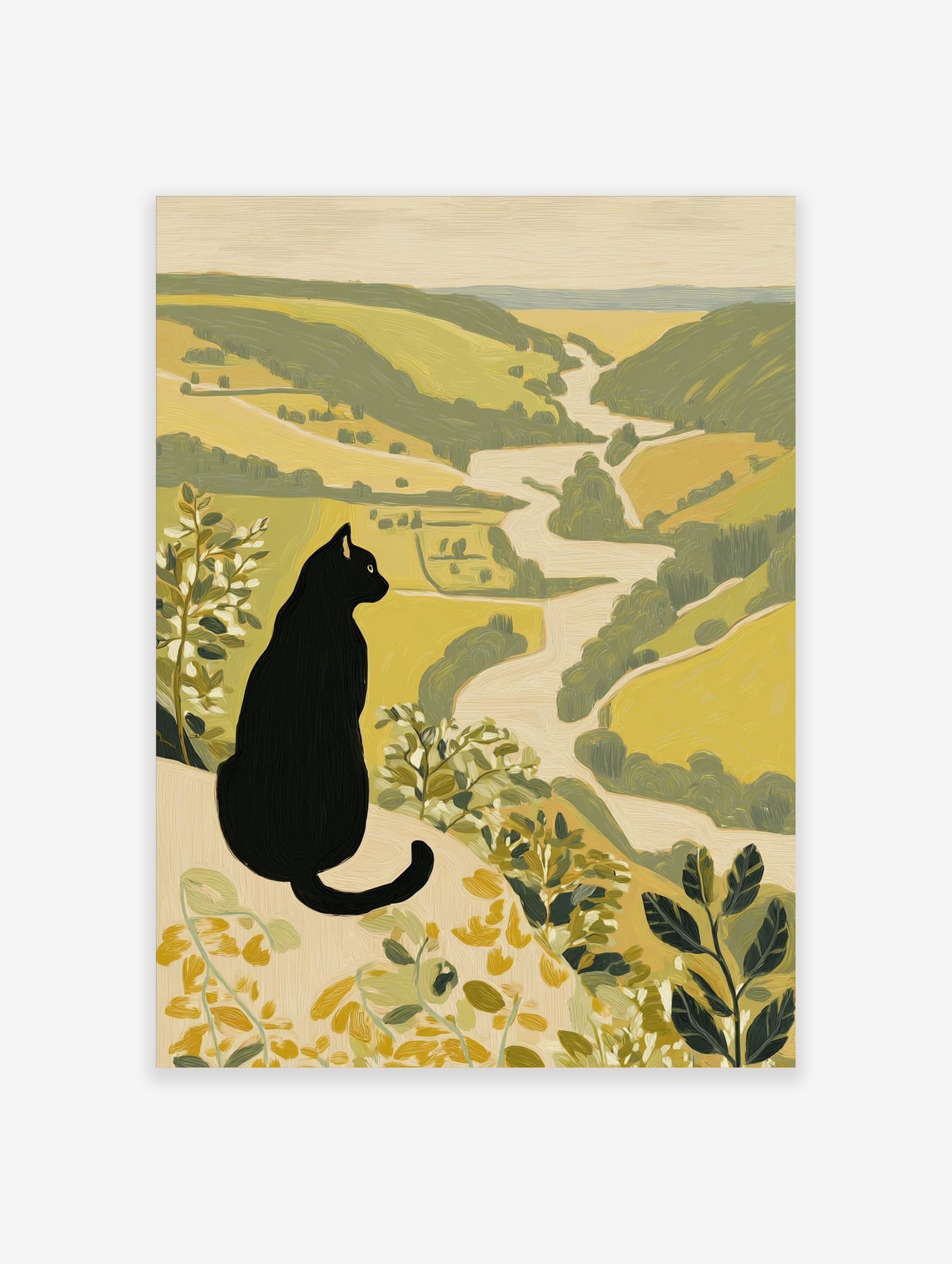 Illustrative print of a black cat with yellow eyes overlooking a green and beige river valley