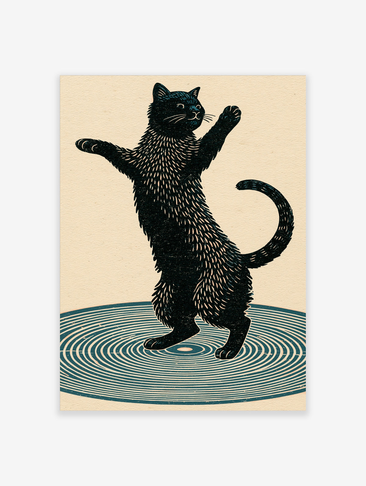 Black cat dancing on teal vinyl record linocut style wall art print