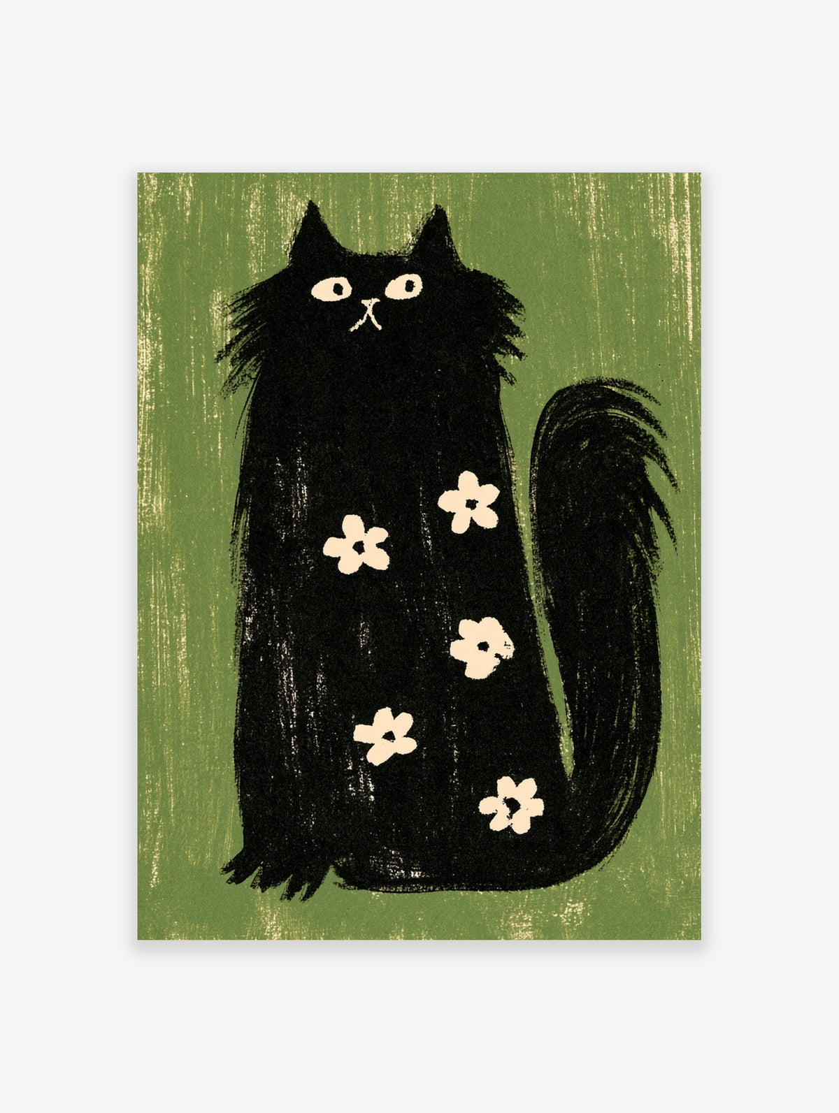 Black cat illustration with white flowers on a green textured background, unframed paper print