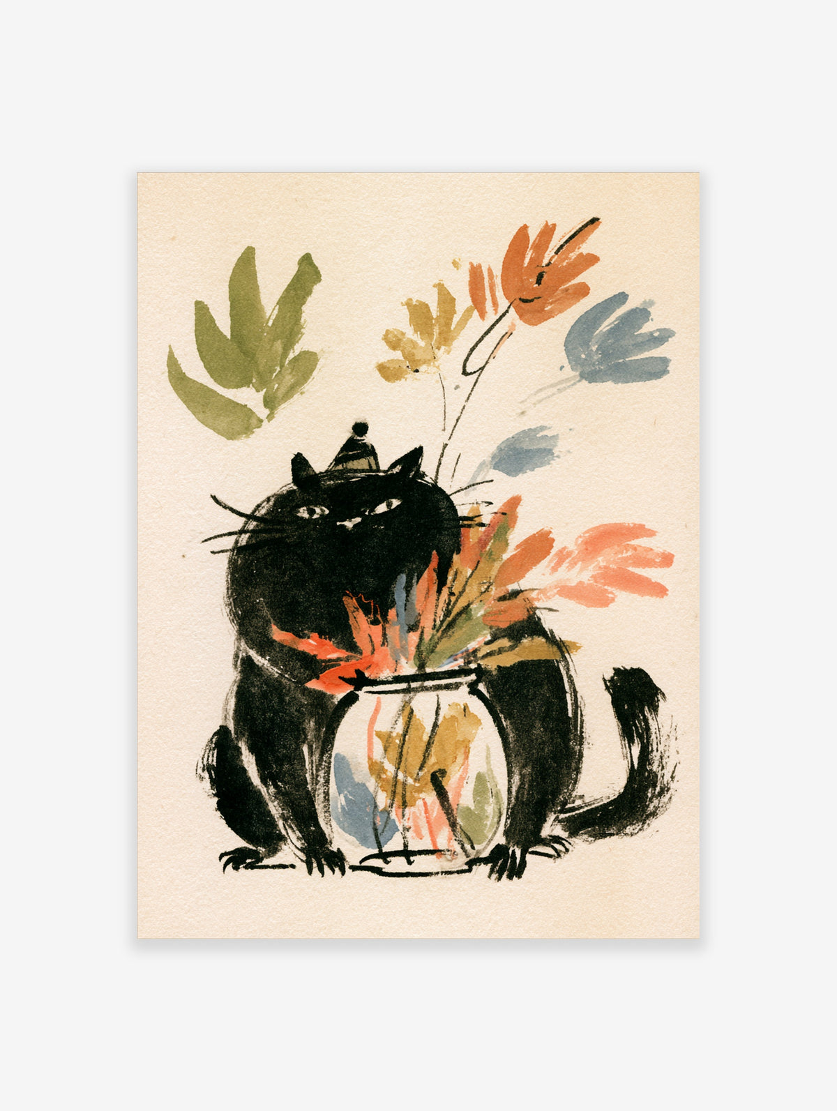 Black cat in a hat behind a glass vase of brushstroke flowers, cream background art print