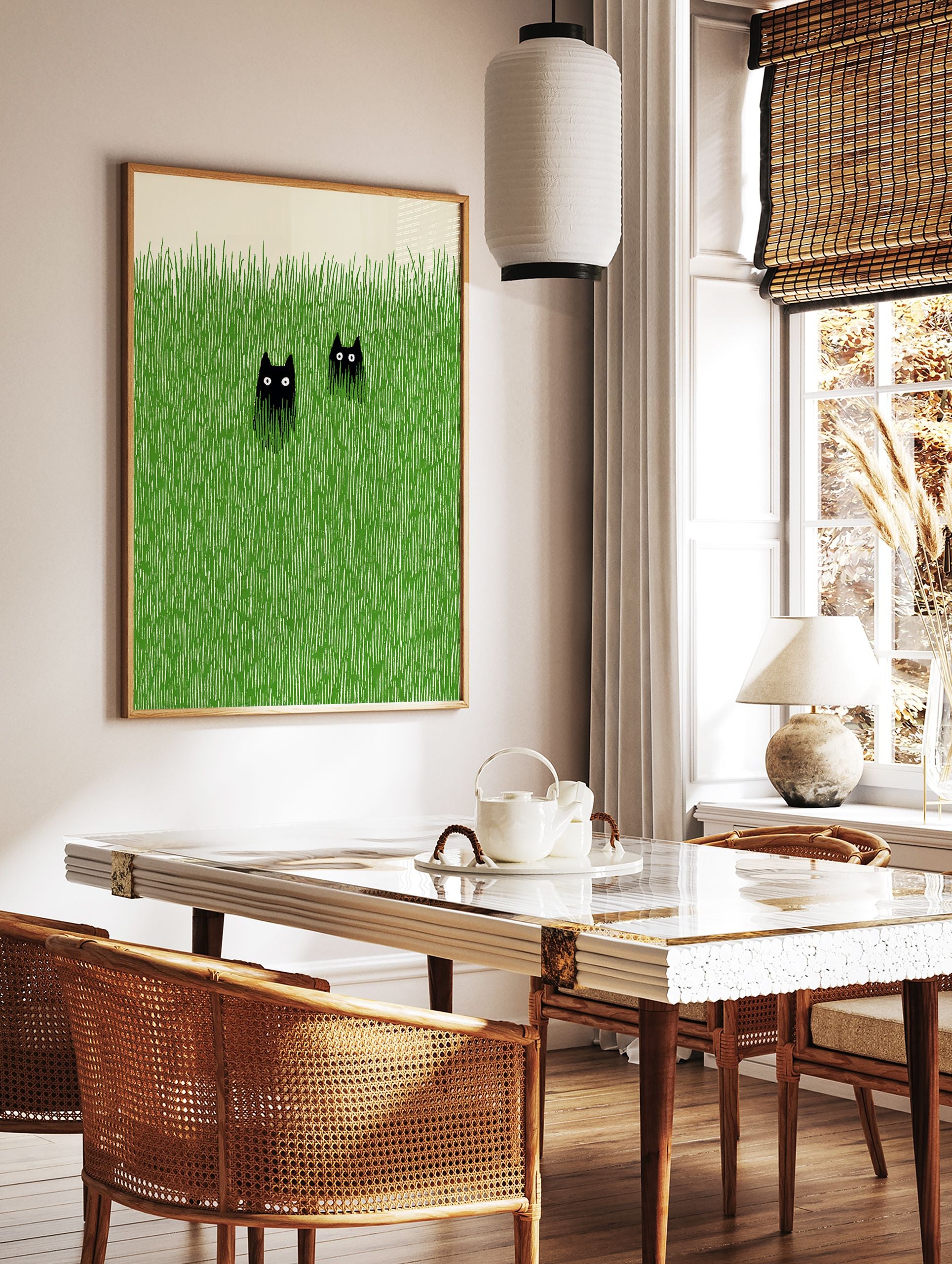 Two black cats with wide eyes peeking out from tall, textured green grass against a cream background, minimalist art. - Image 2