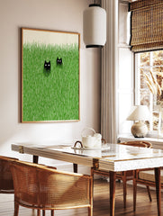 Two black cats with wide eyes peeking out from tall, textured green grass against a cream background, minimalist art. - Image 2