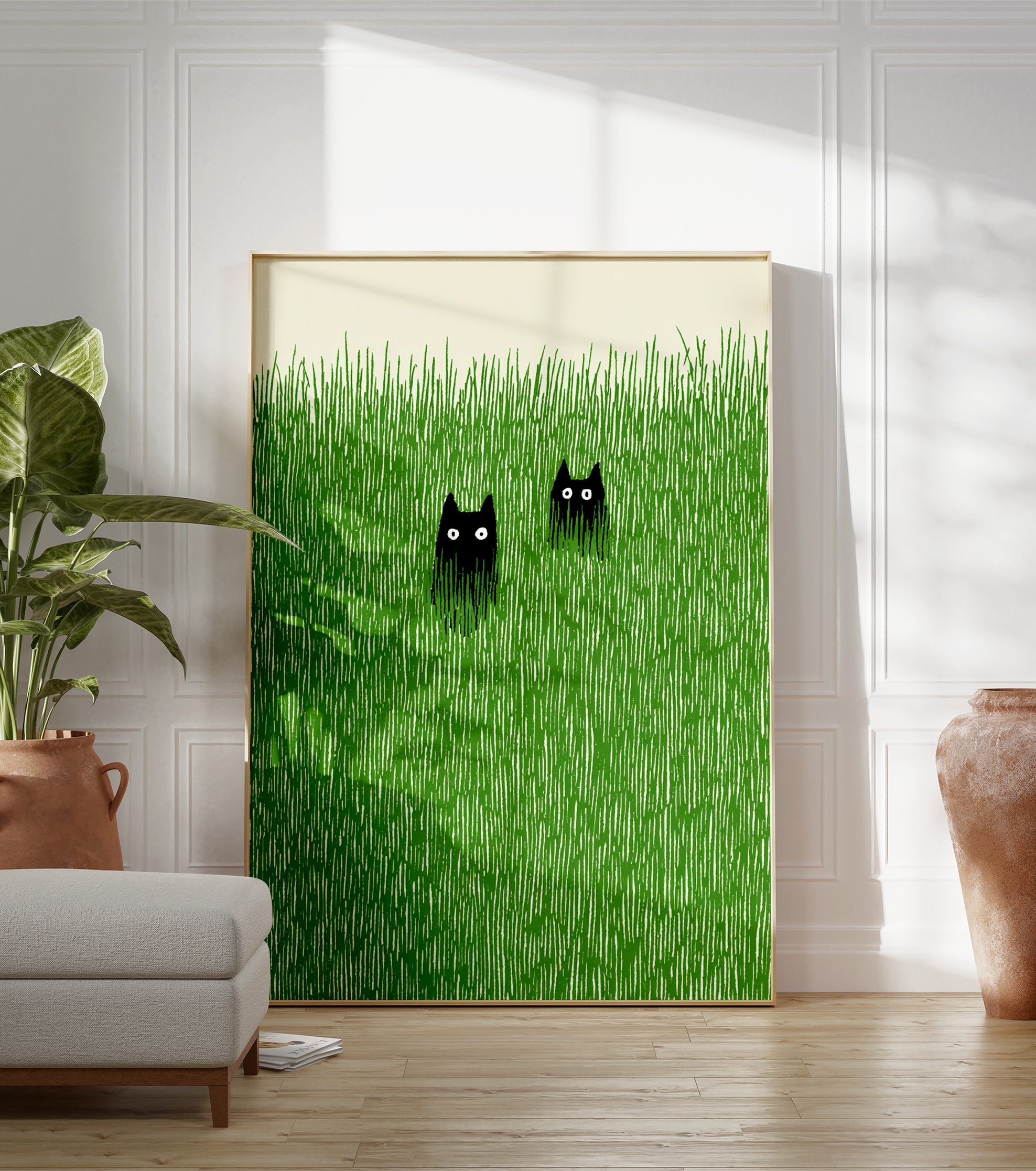 Two black cats with wide eyes peeking out from tall, textured green grass against a cream background, minimalist art. - Image 3
