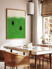 Two black cats with wide eyes peeking out from tall, vibrant green grass in a minimalist illustration style wall art. - Image 2
