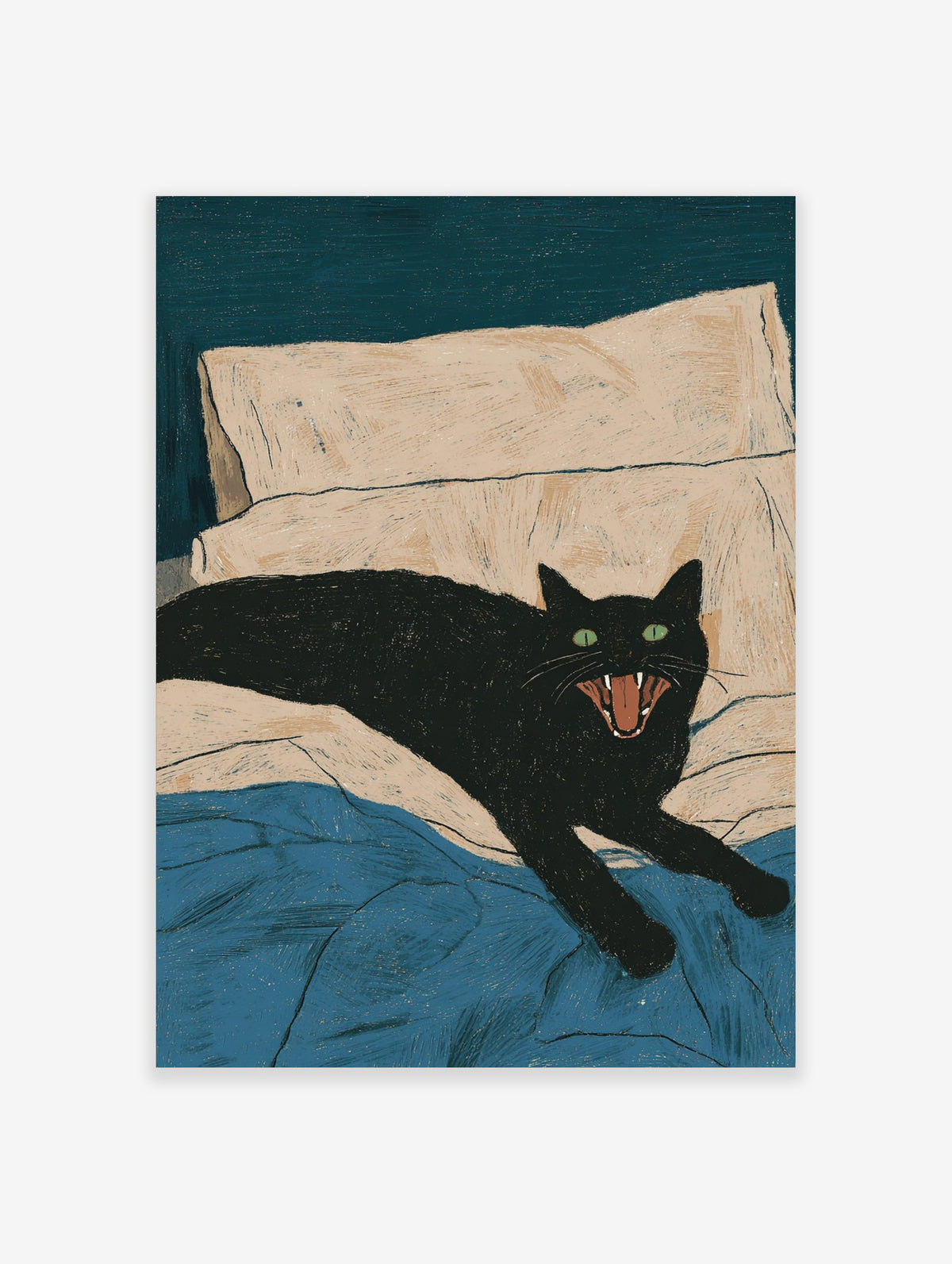 Black cat with green eyes and open mouth hissing on a bed with blue blanket and beige pillow