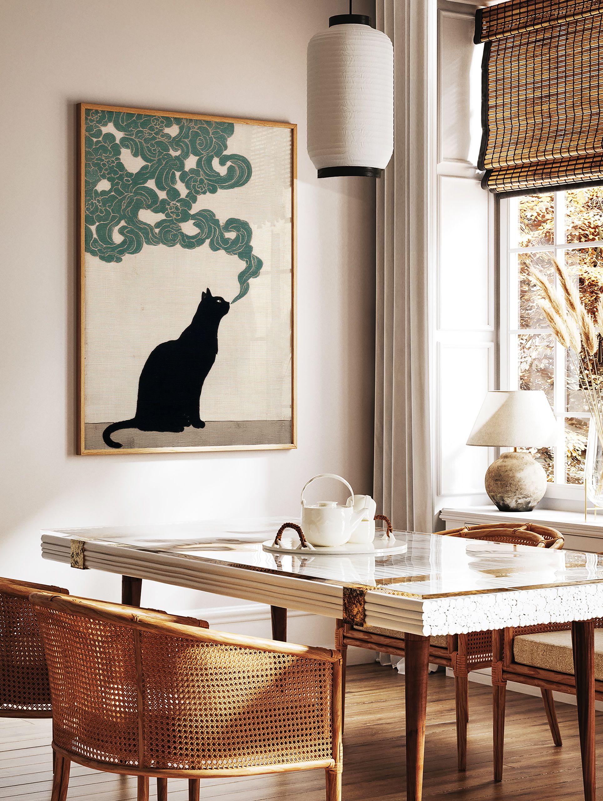 Black cat wall art illustration with a black cat exhaling green stylized smoke against a beige textured background. - Image 3