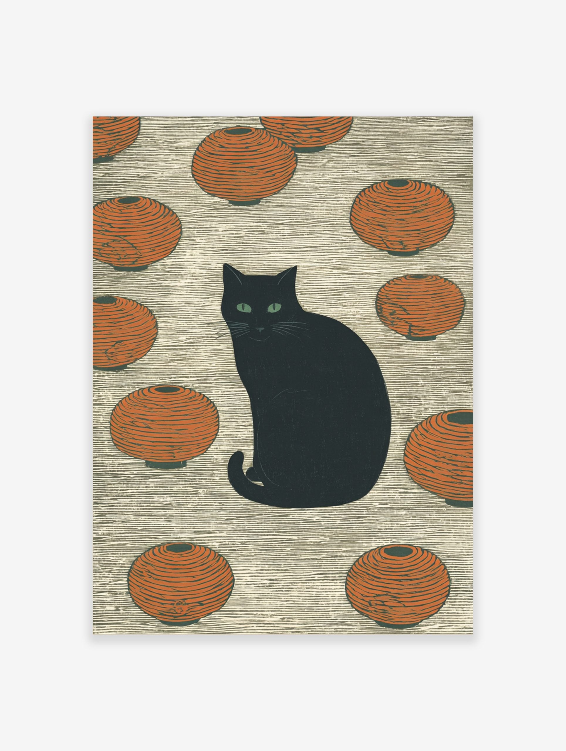 Black cat with green eyes sitting among orange Japanese lanterns on a textured background, illustrative style