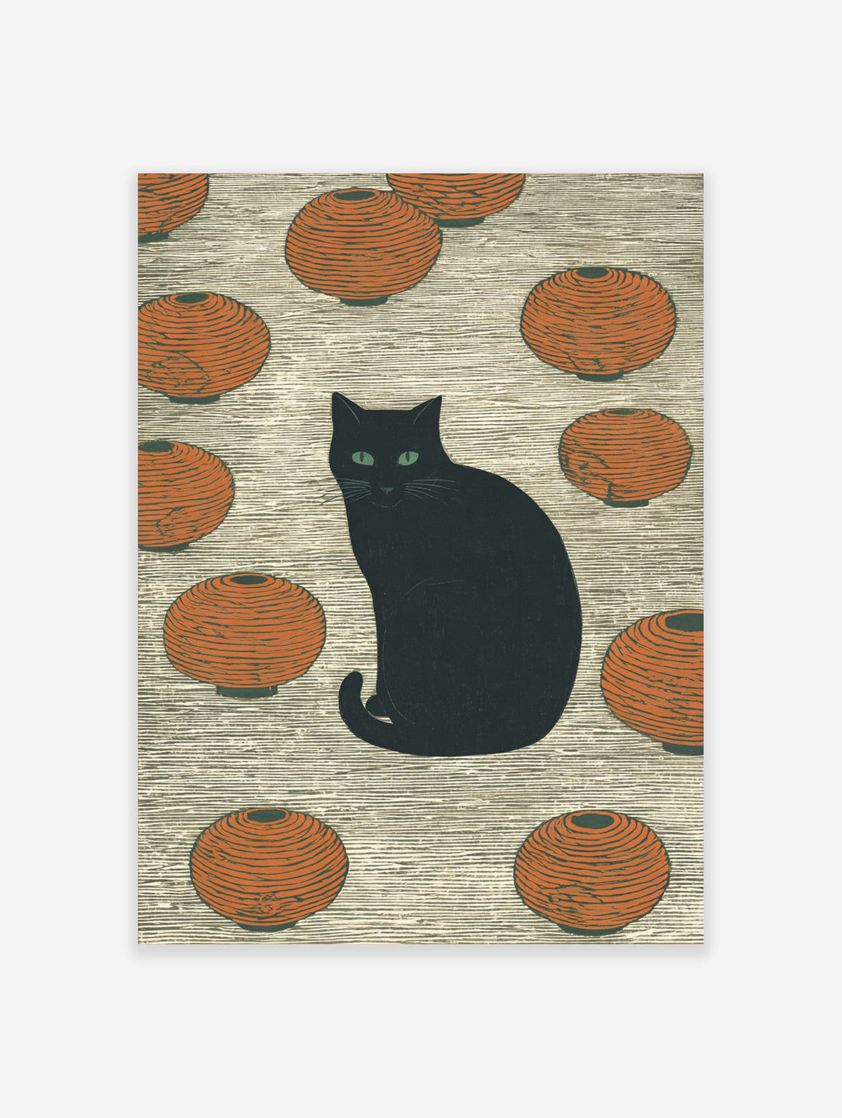 Black cat with green eyes sitting among orange Japanese lanterns on a textured background, illustrative style