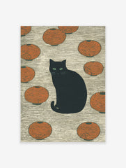 Black cat with green eyes sitting among orange Japanese lanterns on a textured background, illustrative style