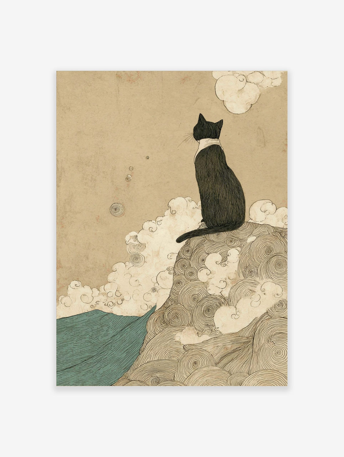 Japanese style black cat print, sitting on swirling mound, gazing over teal waves under beige sky with clouds