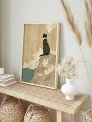 Japanese style black cat print, sitting on swirling mound, gazing over teal waves under beige, in an alternate framed mockup