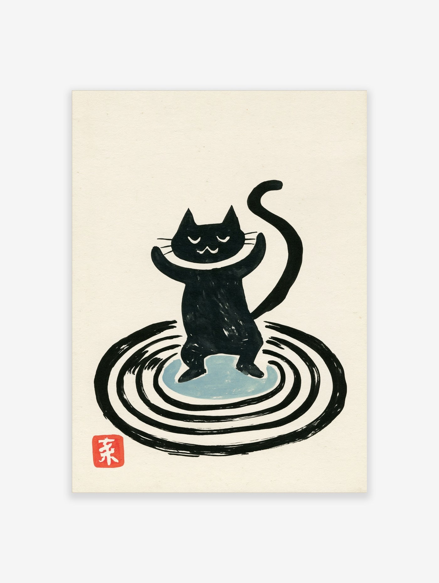 Black cat with closed eyes and raised paws standing on blue pool with concentric ripples, red seal stamp, cream background