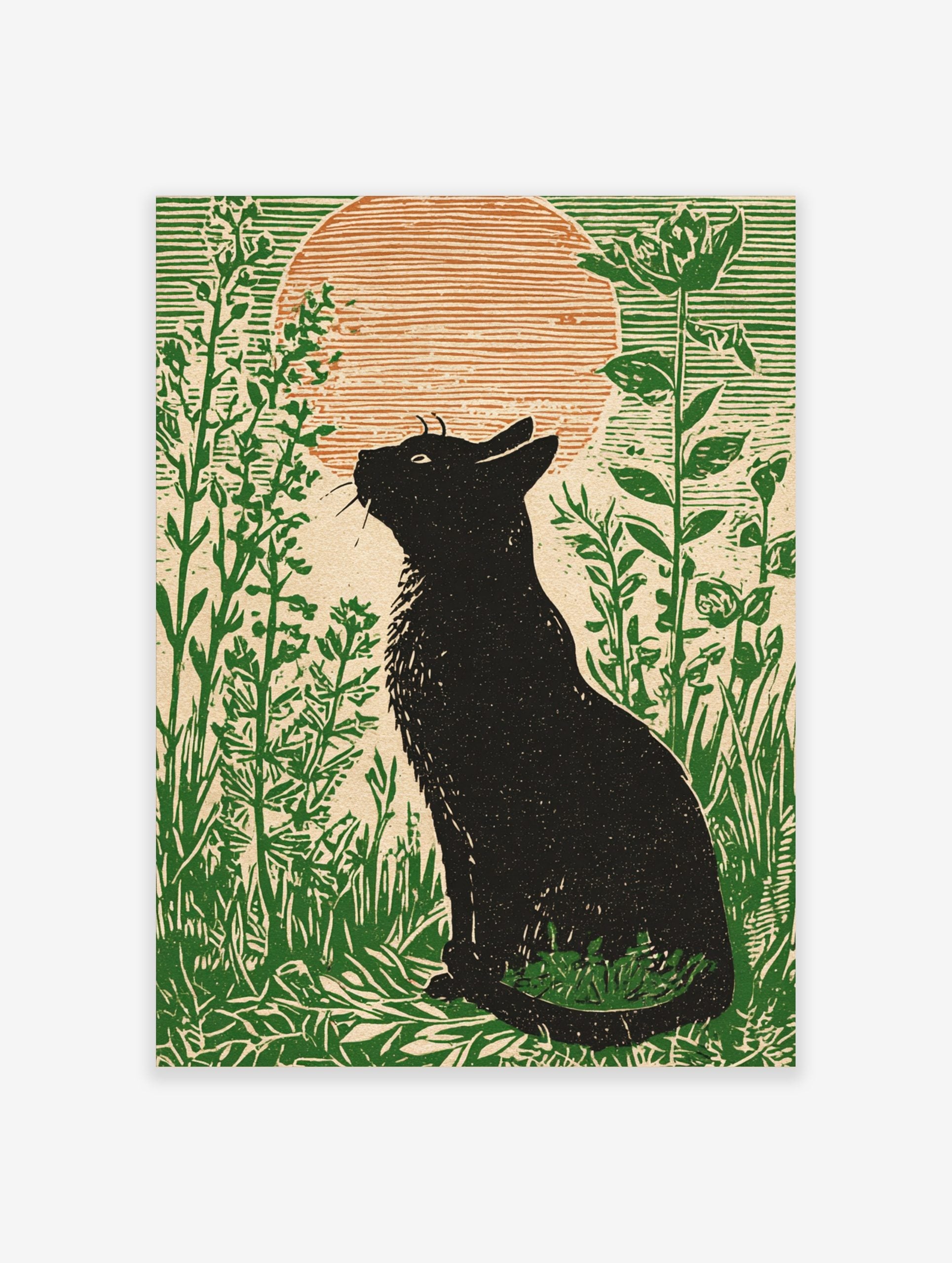 Black cat silhouette in linocut style, sitting in green foliage, looking at orange sunset