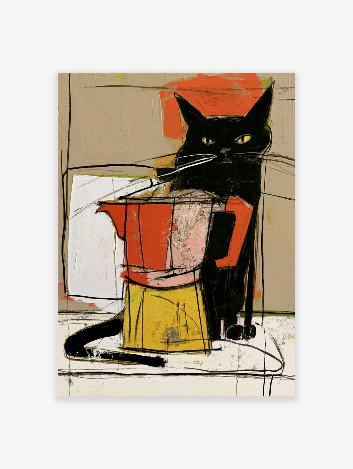 Black cat with yellow eyes beside red and yellow vessel, modern abstract art print