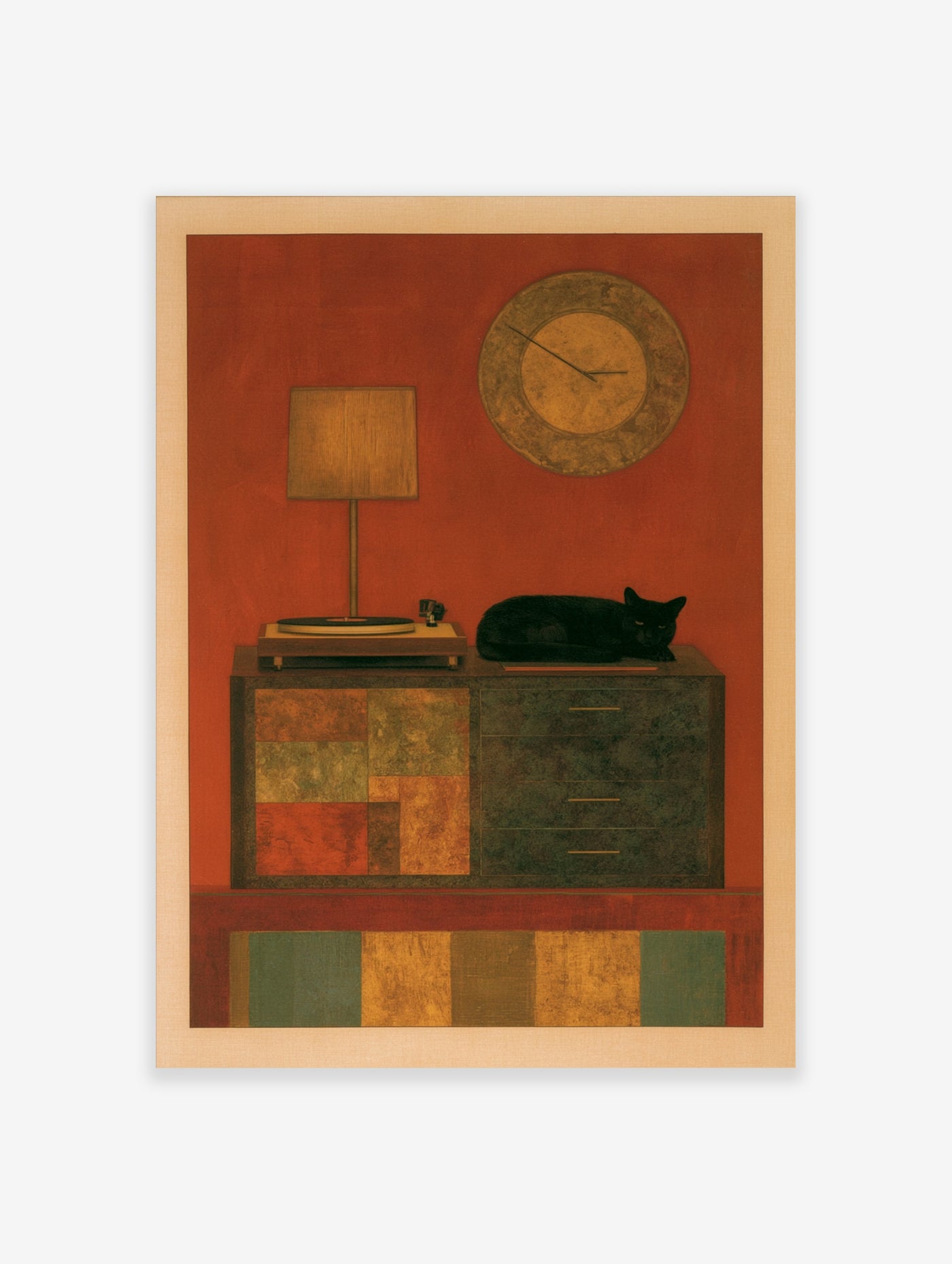 Stylized illustration of a black cat lying on a geometric sideboard with a lamp and clock against a red wall