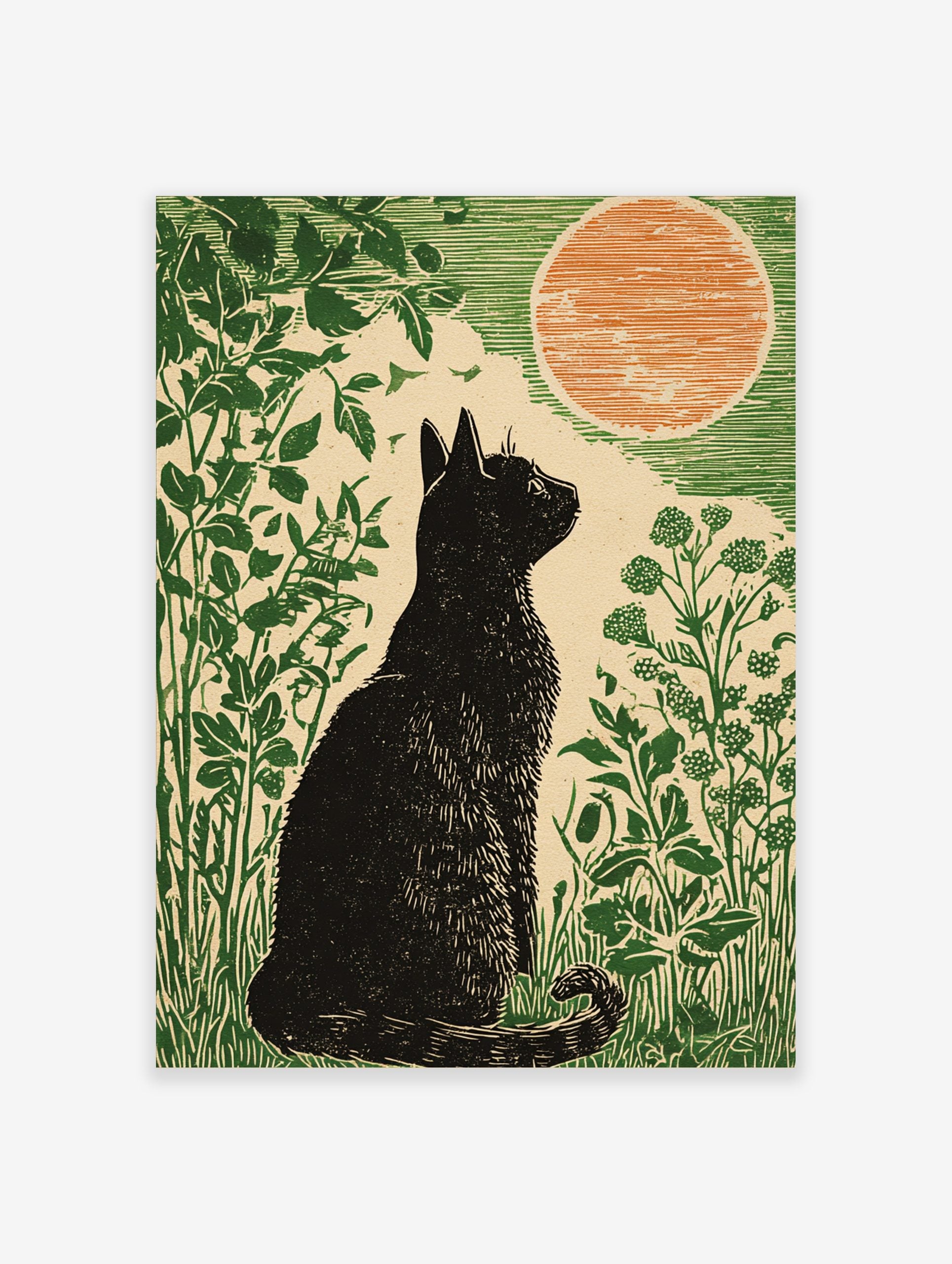 Illustrative black cat in profile looking at orange moon, surrounded by green foliage, woodcut style