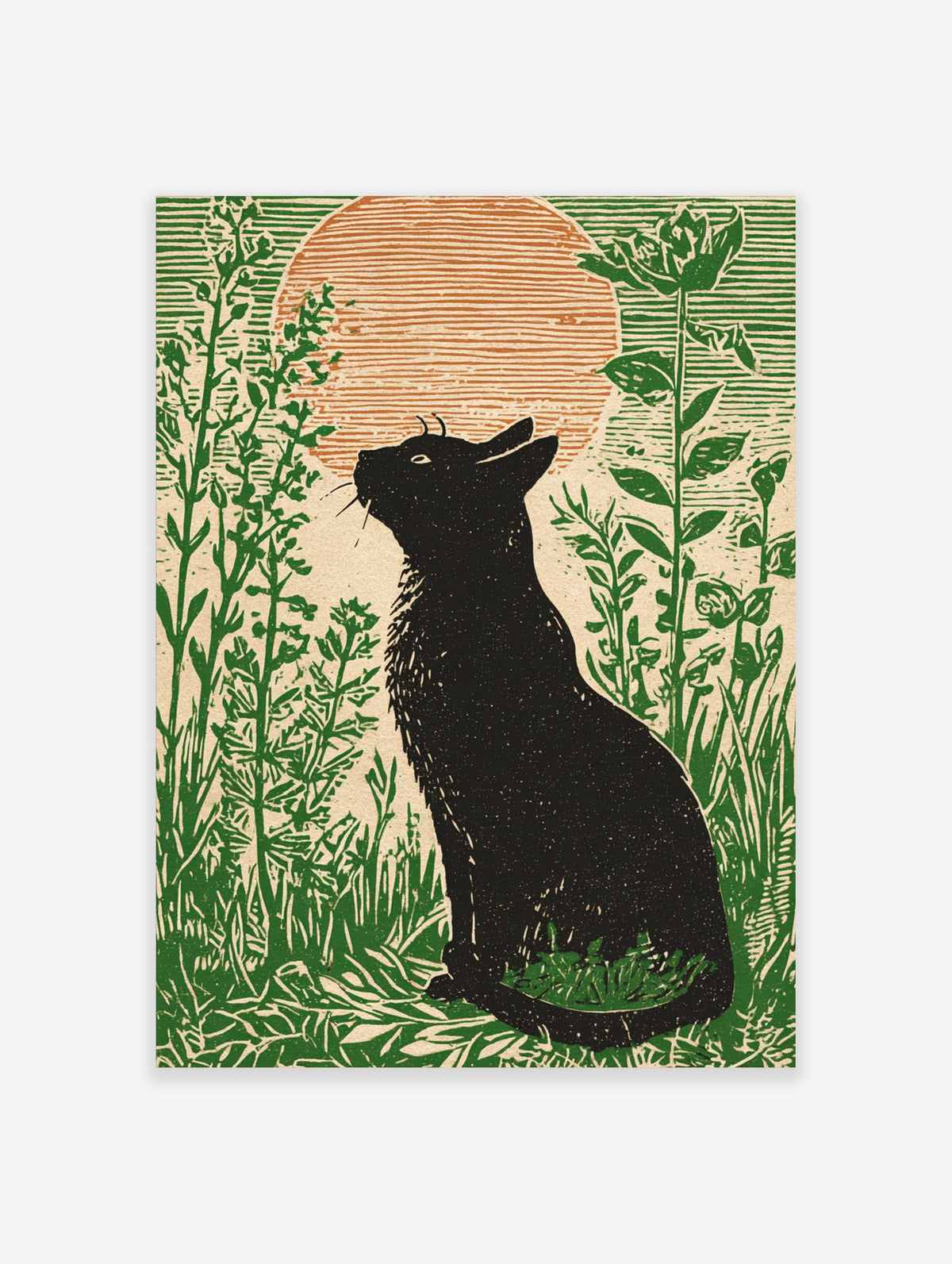 Black cat silhouette looking at a large orange moon in a field of green plants, illustrative print