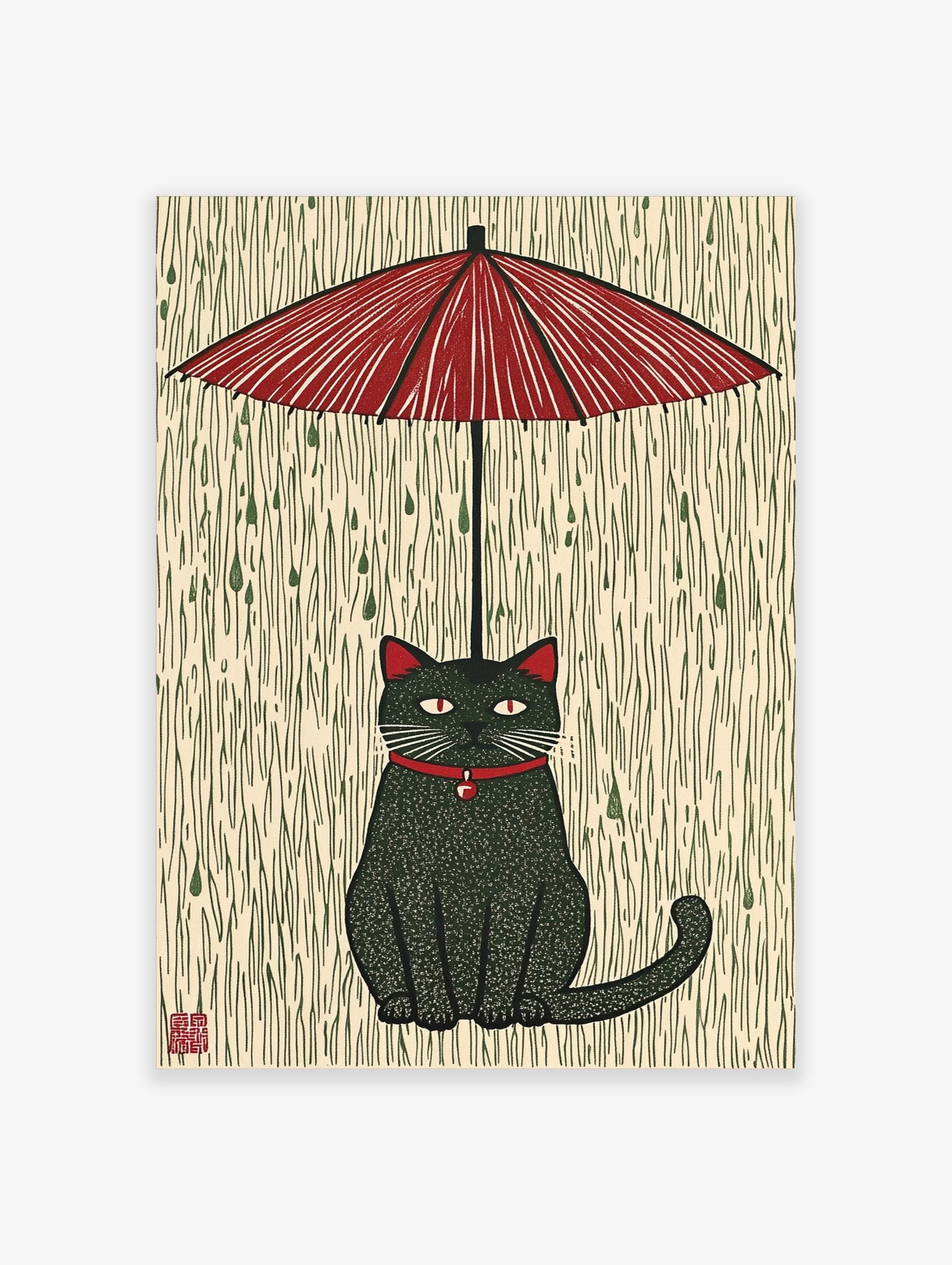 Stylised black cat with red collar and eyes sitting under a red umbrella in green rain, Japanese art style