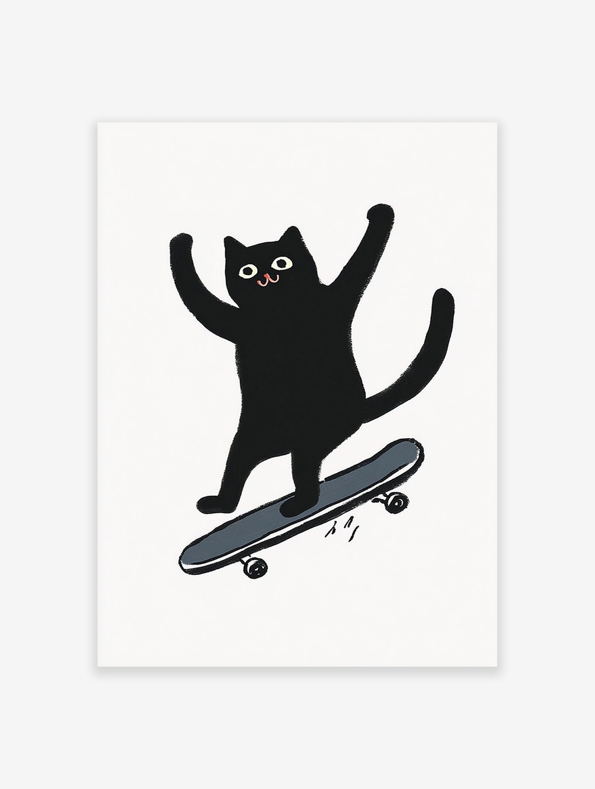 Black cat illustration on a skateboard with arms raised in excitement on a white background. Playful cat wall art.