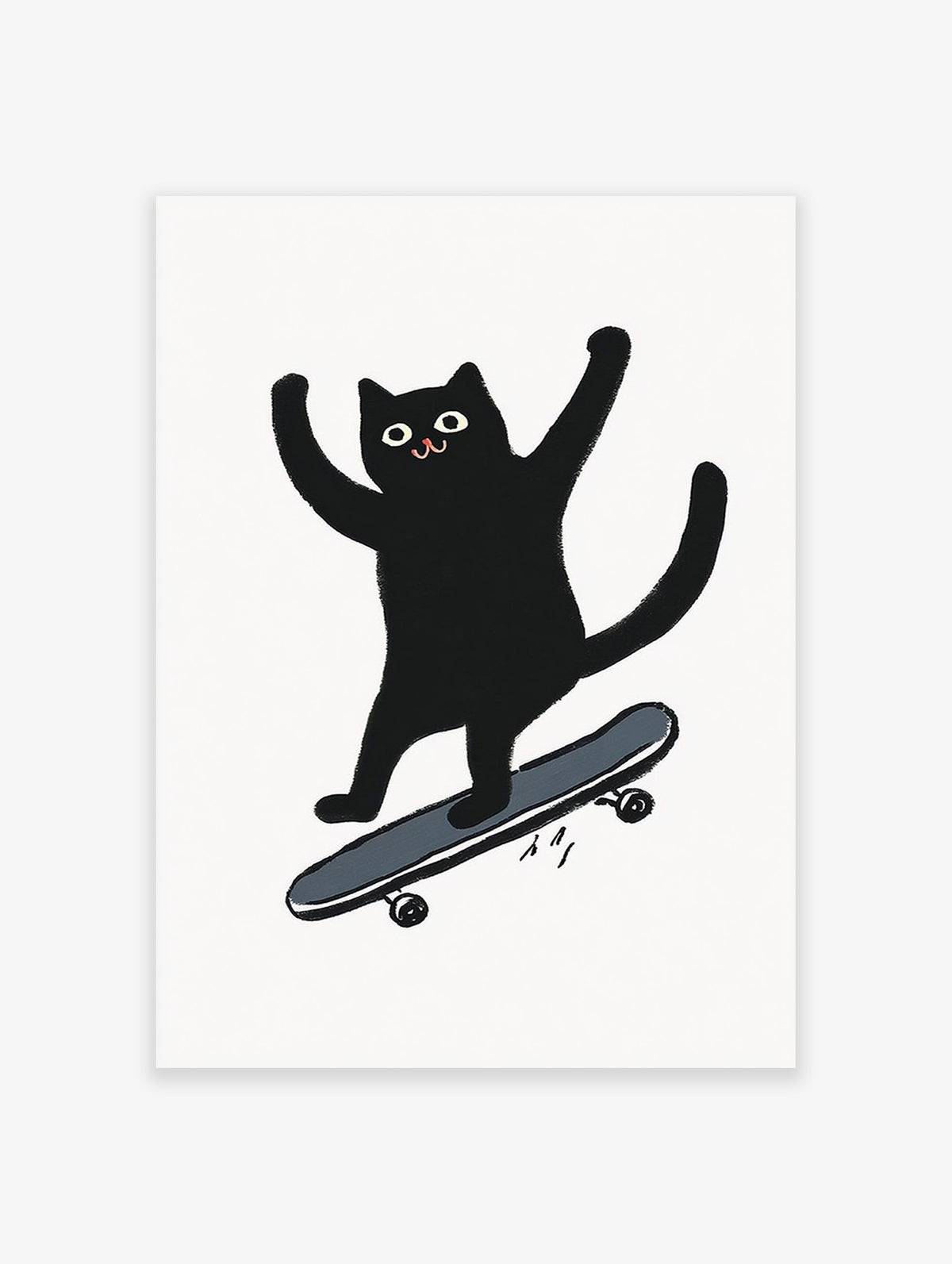 Black cat illustration on a skateboard with arms raised in excitement on a white background. Playful cat wall art.