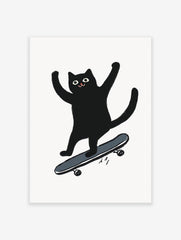 Black cat illustration on a skateboard with arms raised in excitement on a white background. Playful cat wall art.