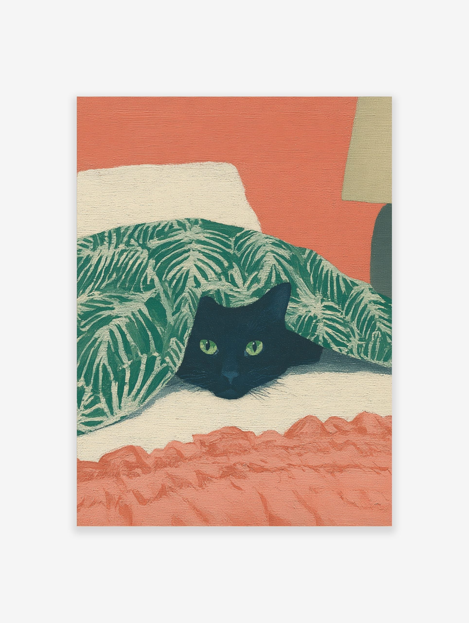 Illustrative print of a black cat with green eyes peeking from under a green tropical leaf blanket