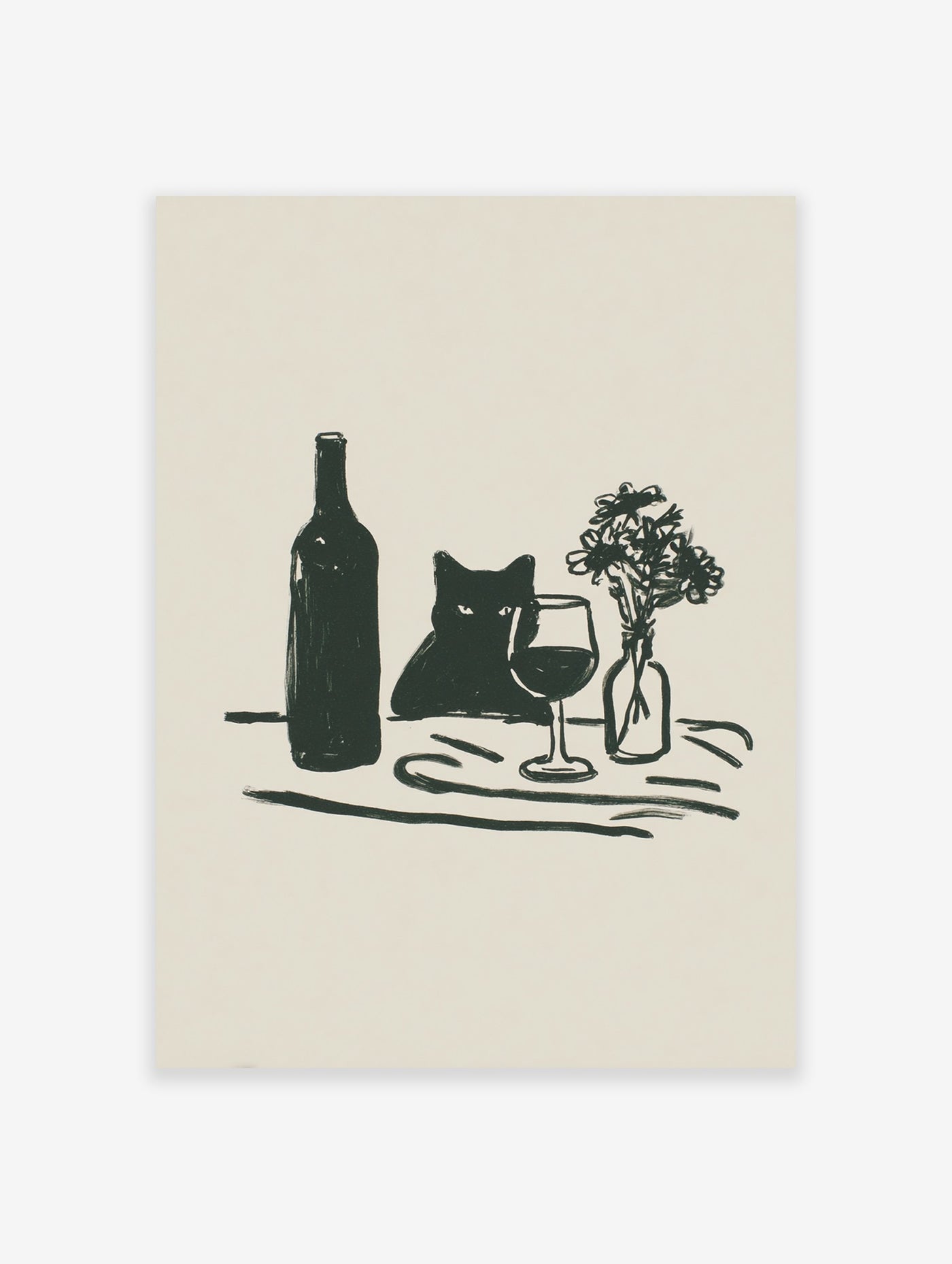 Minimalist illustration of a black cat peeking from behind a wine bottle and glass, with flowers, on a beige background.