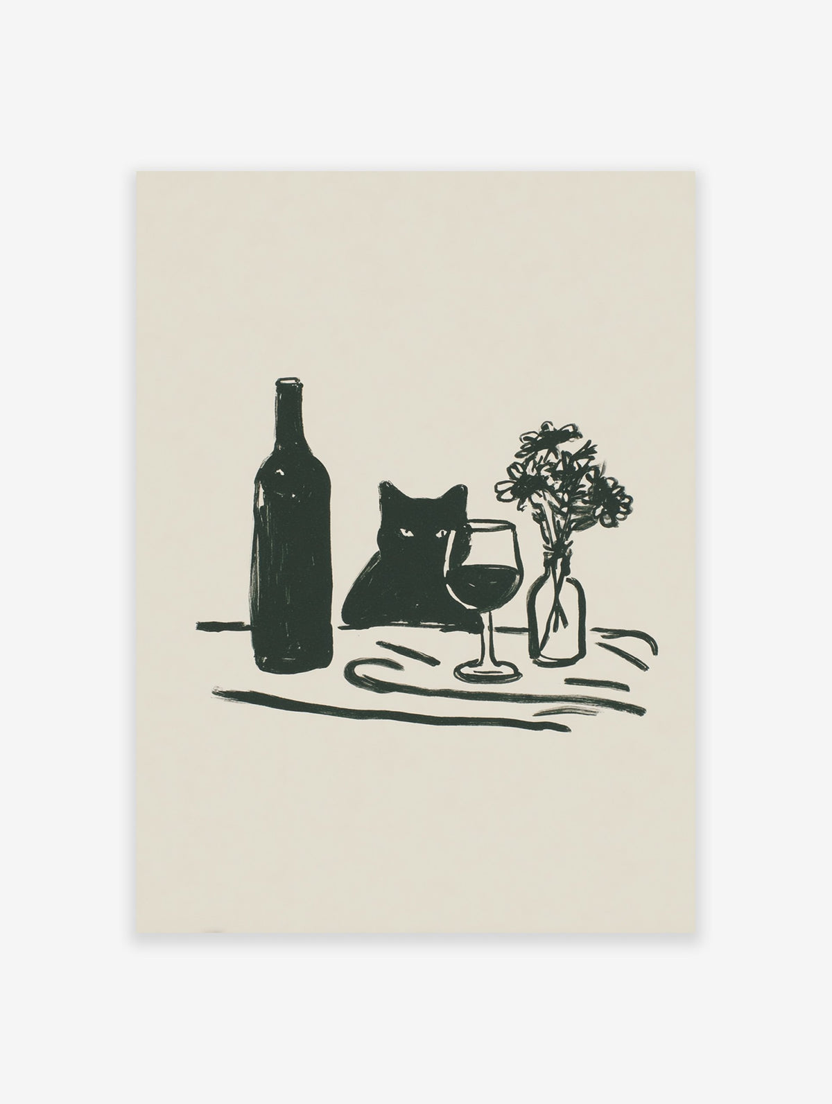 Minimalist illustration of a black cat peeking from behind a wine bottle and glass, with flowers, on a beige background.