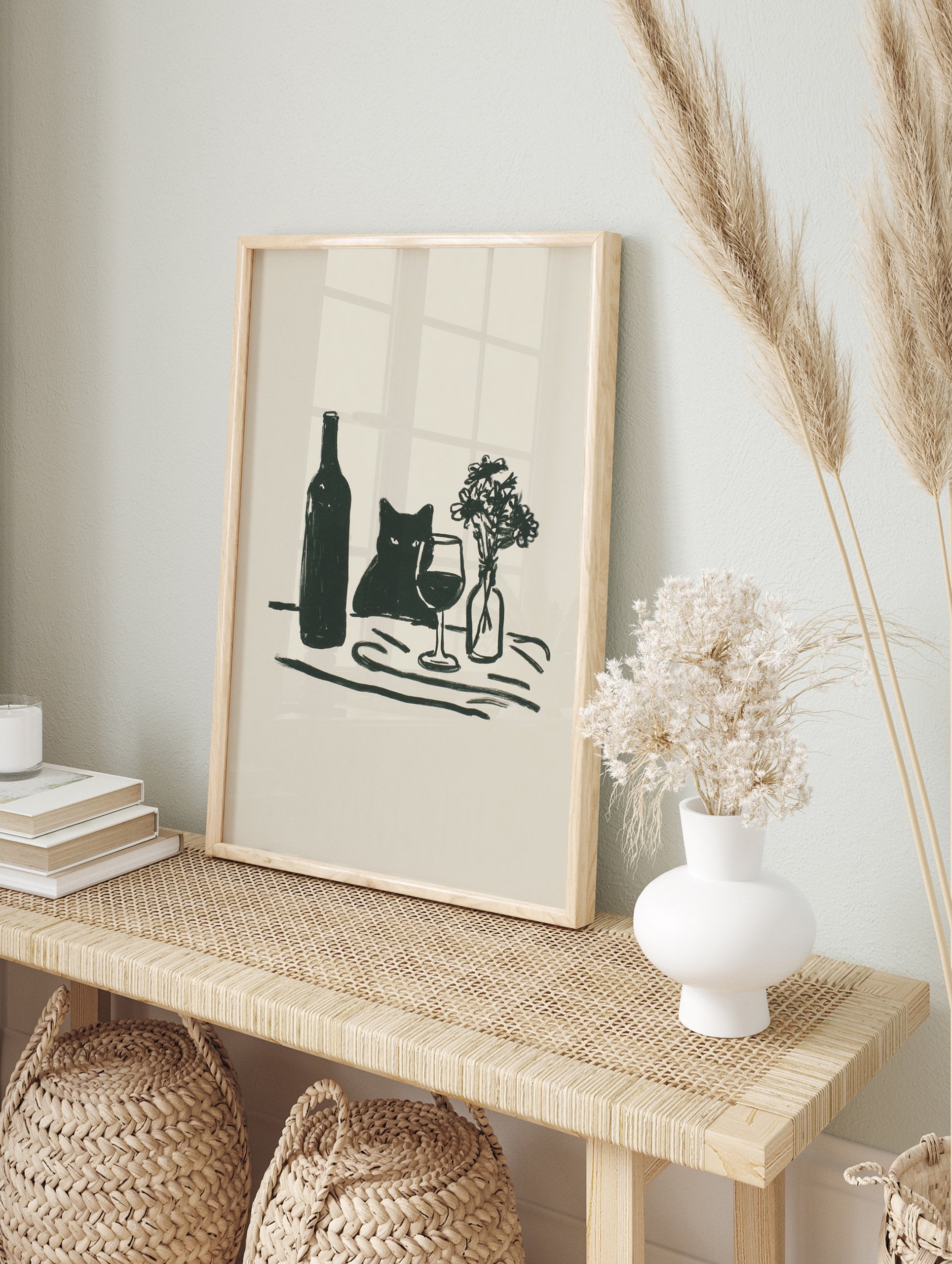 Minimalist illustration of a black cat peeking from behind a wine bottle and glass, with flowers, on a beige background. - Image 3
