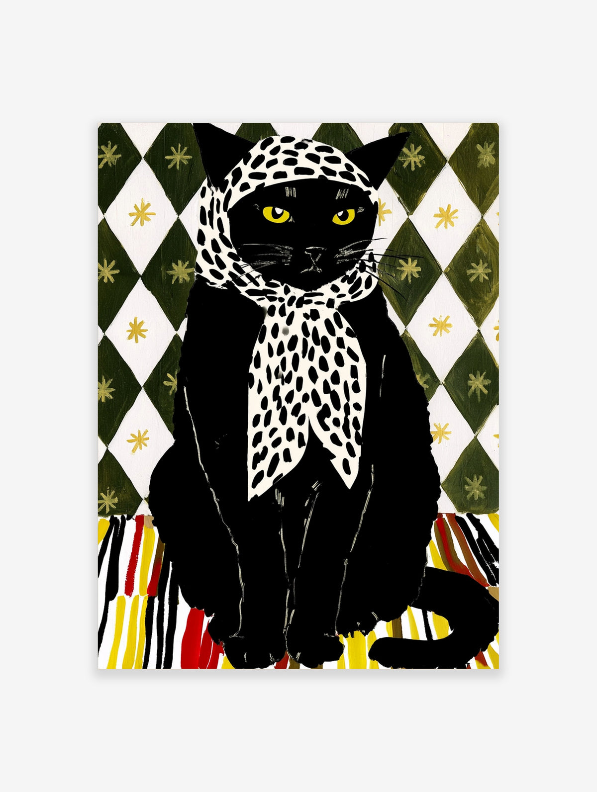 Black cat illustration wearing a leopard print scarf, green diamond background, yellow eyes