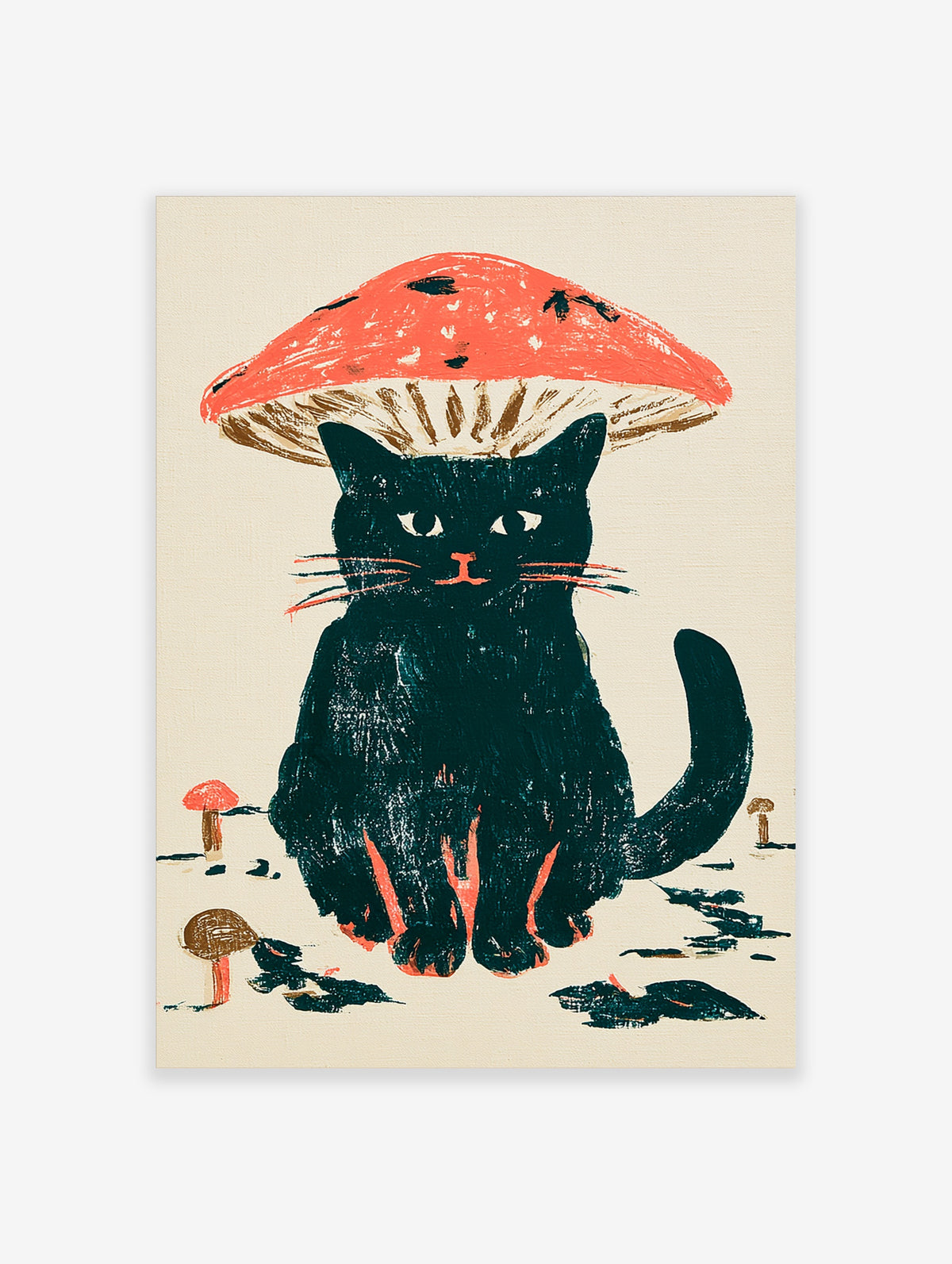 Black cat with red mushroom hat illustration print on cream background