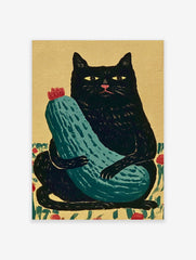 Stylized black cat holding a green zucchini with a red flower on a tan background, illustrative wall art print