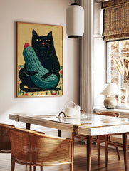 Stylized black cat holding a green zucchini with a red flower on a tan background, illustrative, in a styled room mockup