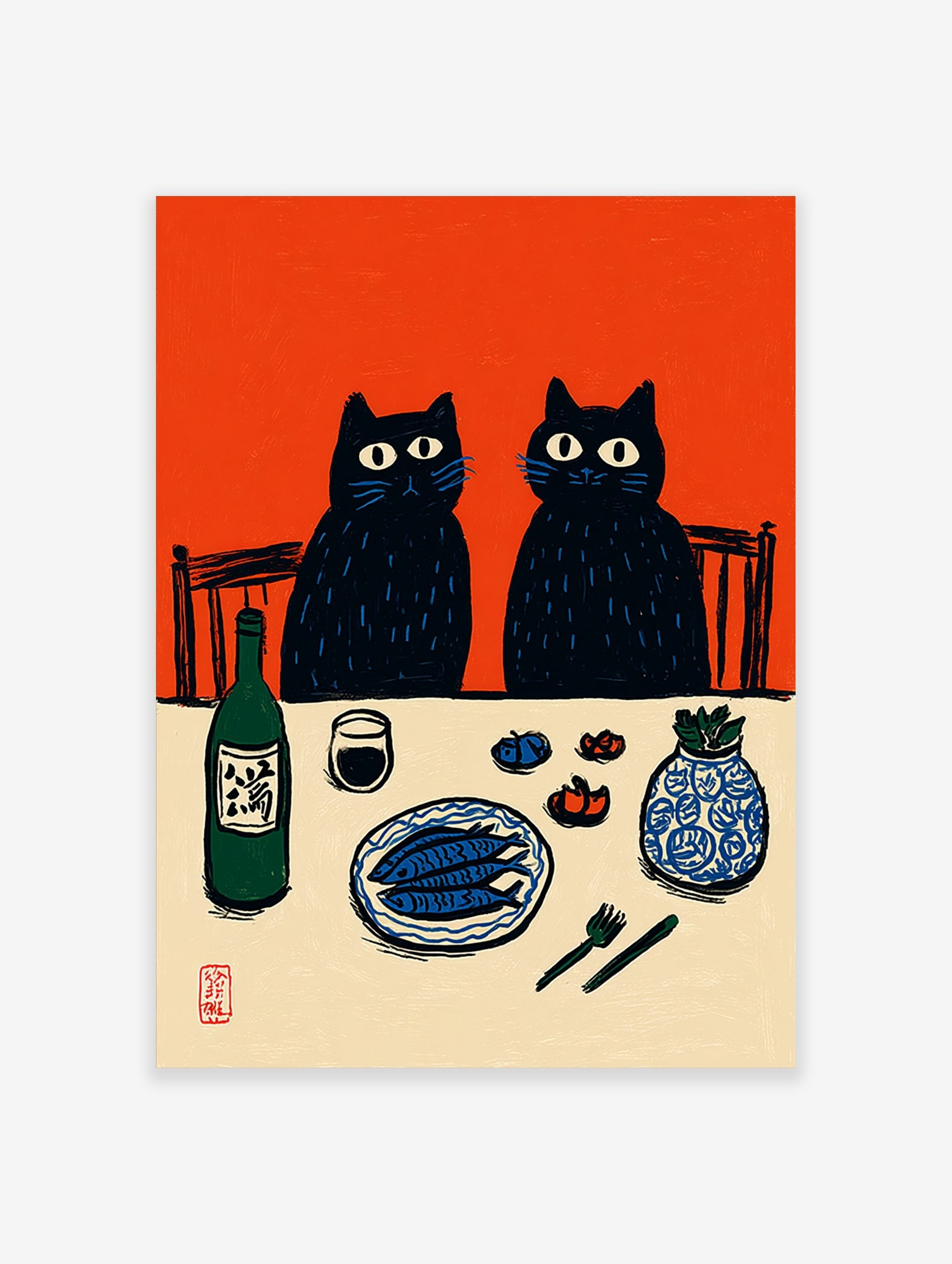 Illustrative print of two black cats at a dinner table with fish, sake, and a vase, against an orange background