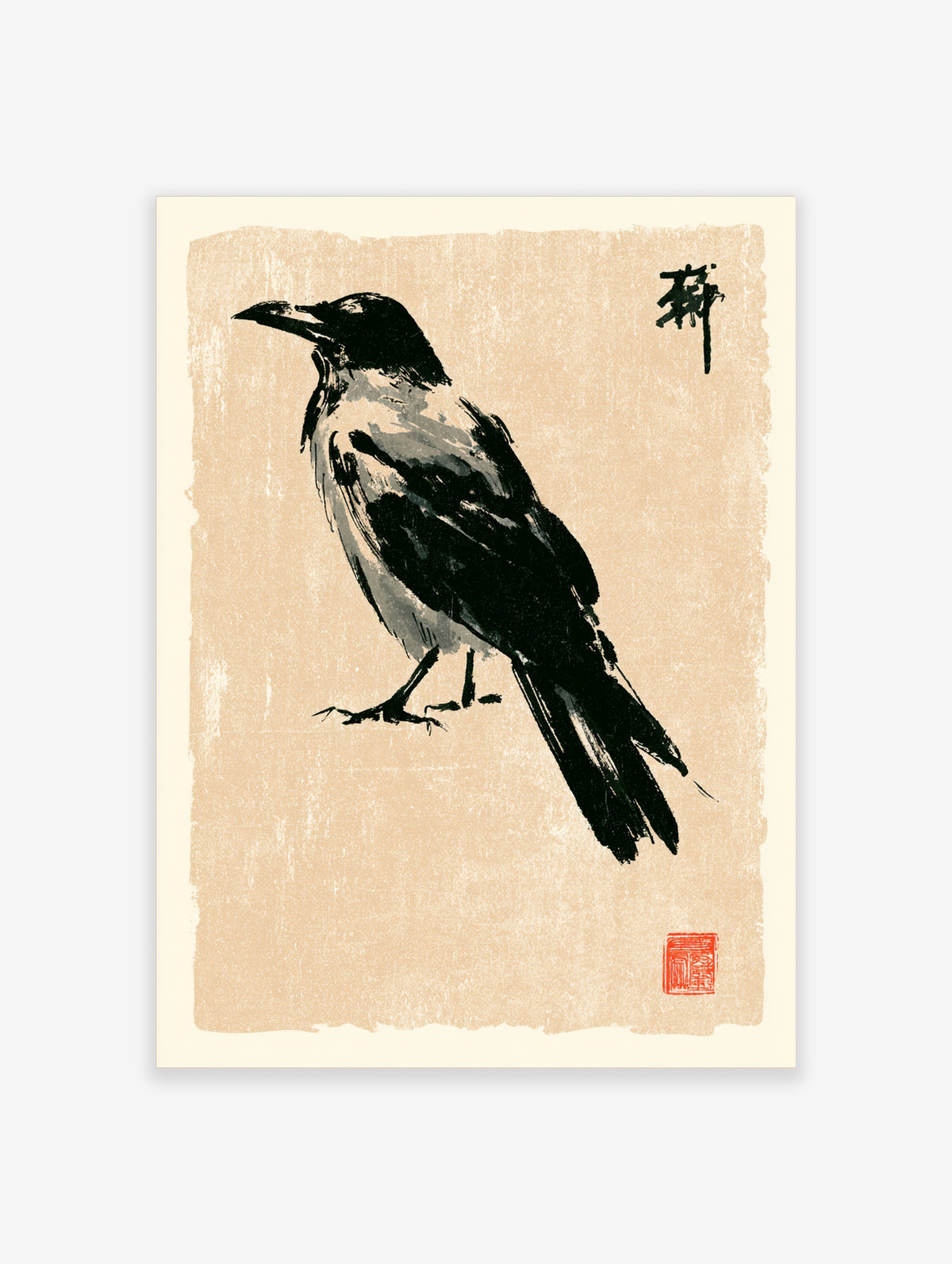 Black crow bird ink wash art print with kanji and red seal on beige background
