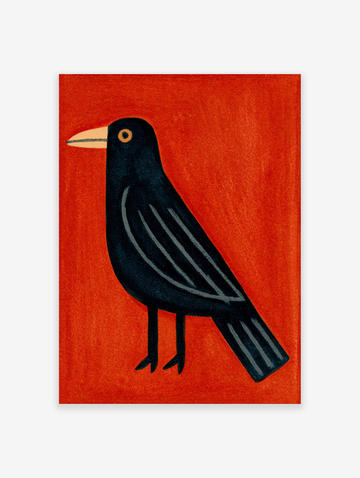Minimalist illustrative black crow wall art print on a solid vibrant red background