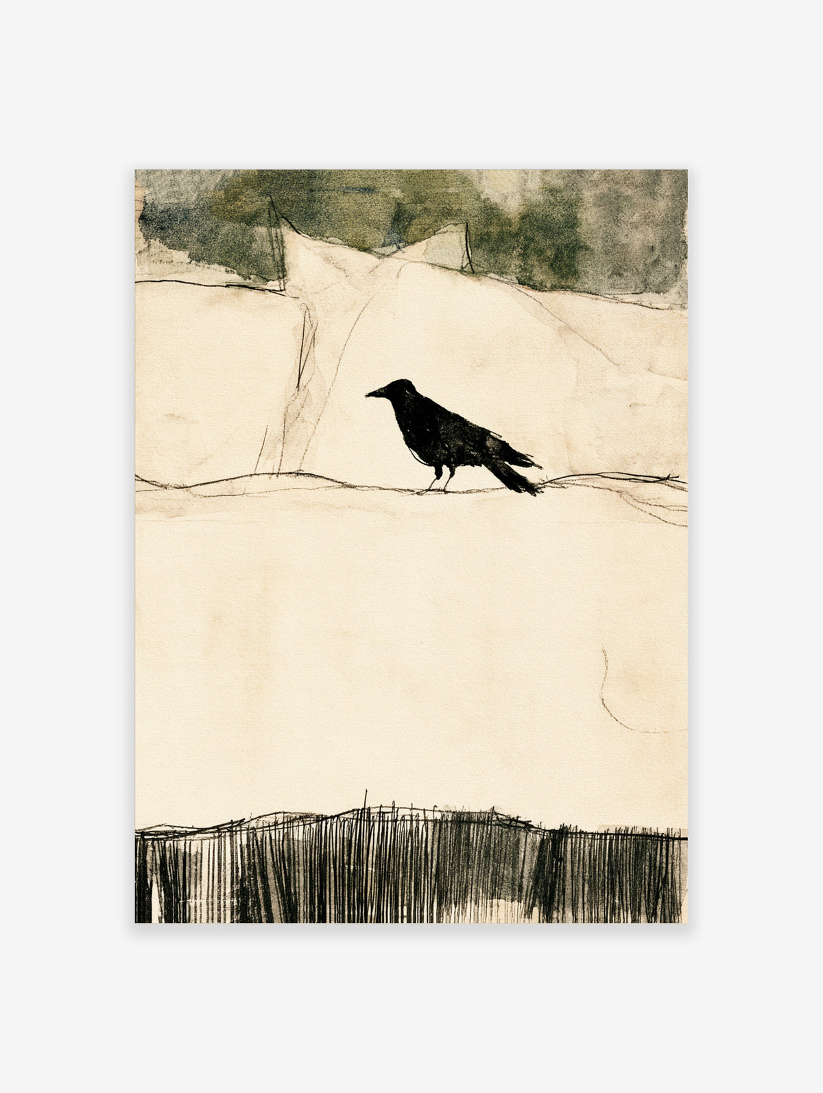 Black crow silhouette on a wire against a beige and green wash background, minimalist bird art print