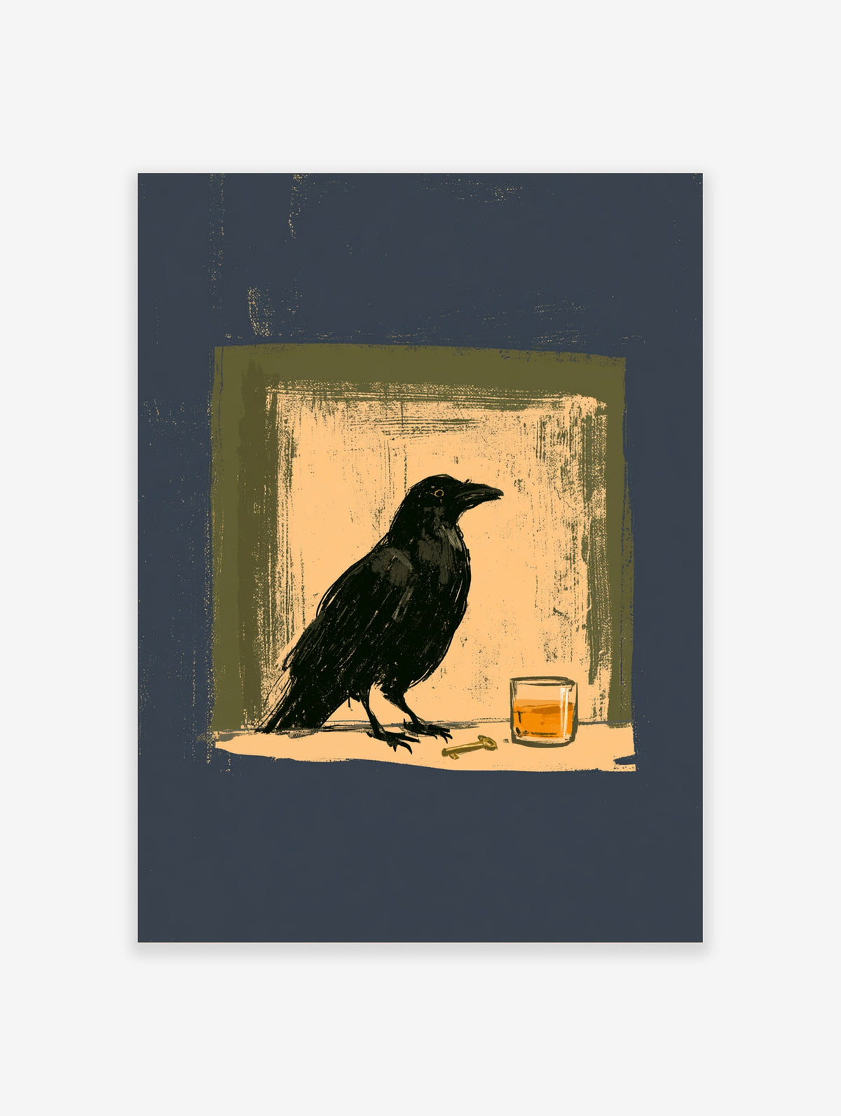 Black crow standing beside a glass of amber spirit and a brass key on a textured ochre background