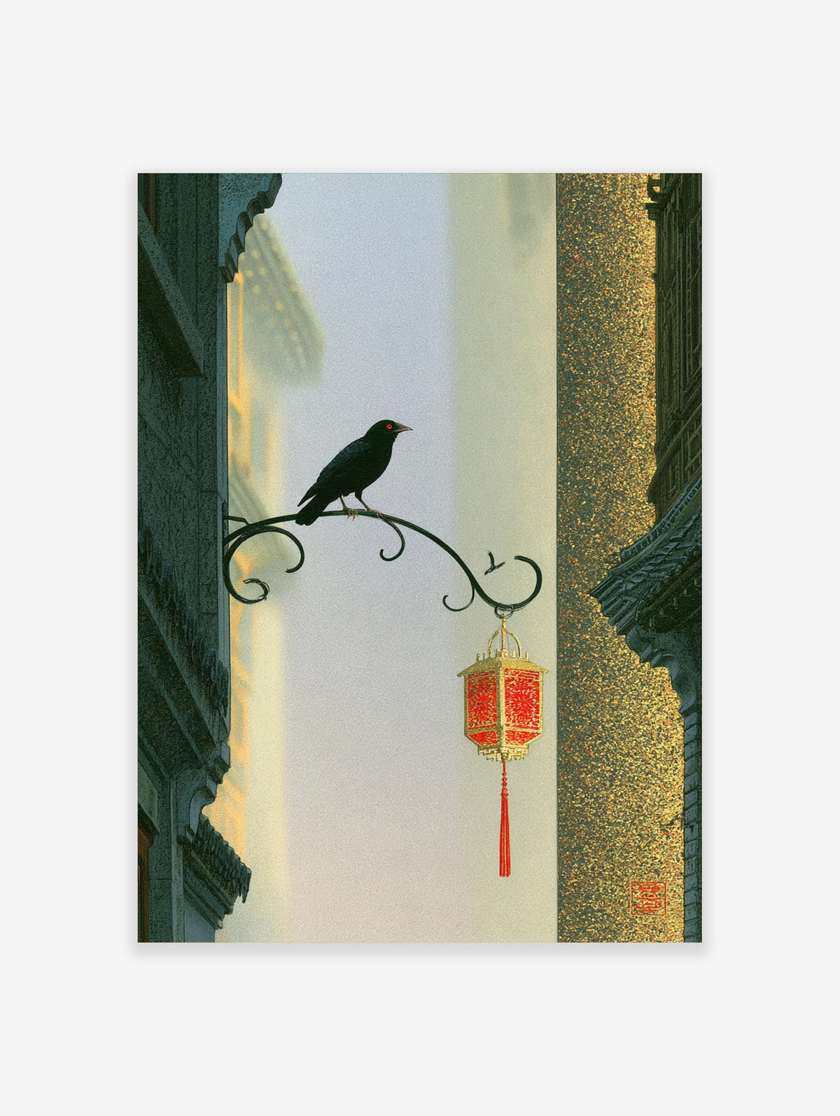 Black crow with red eye on scrolling iron bracket above red and gold lantern, stone walls, oriental art print