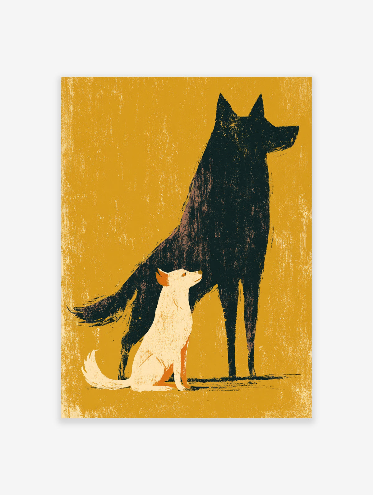 Black dog silhouette and white dog art print on mustard yellow background