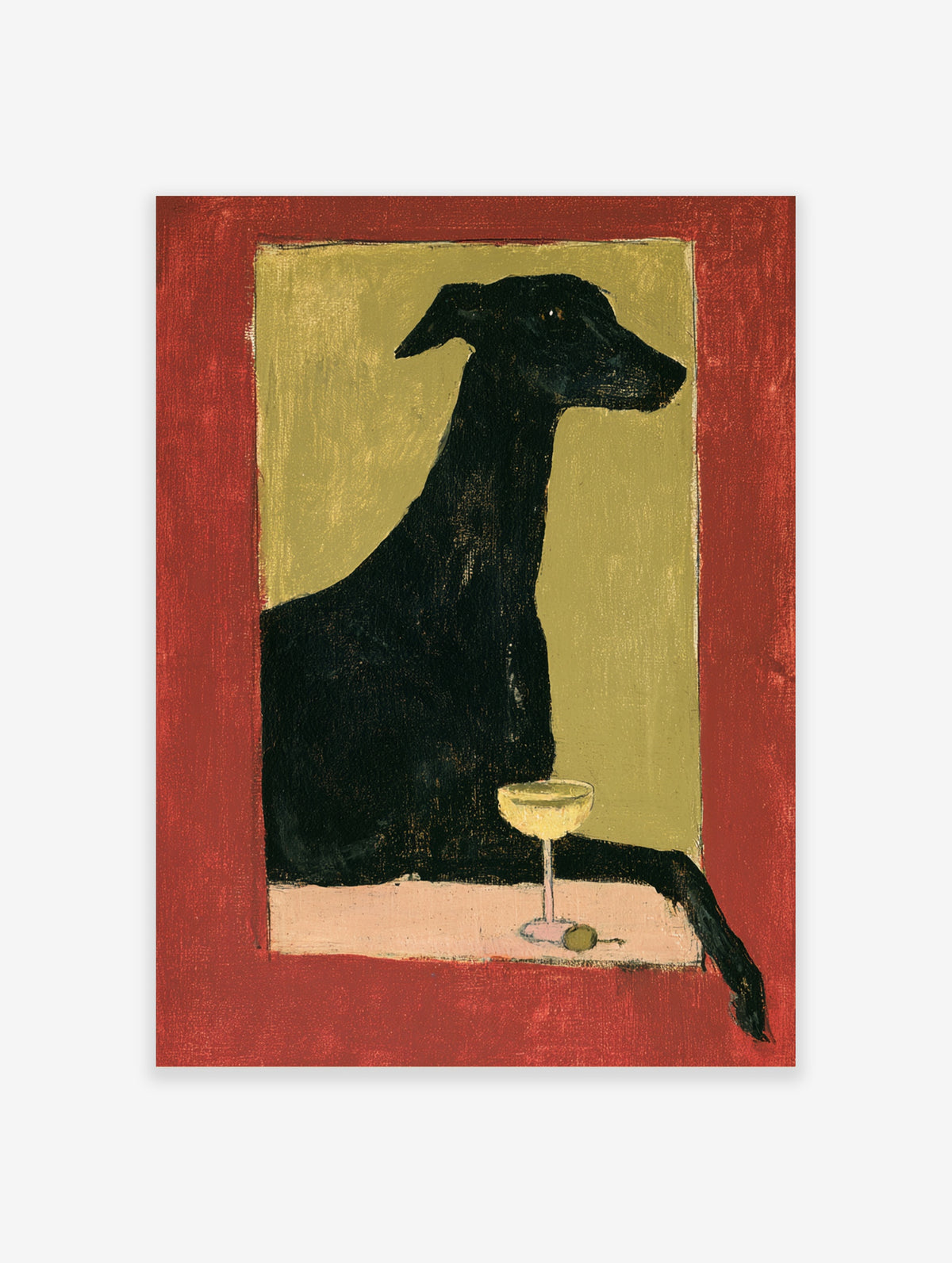 Black whippet cocktail poster with coupe glass and olive on red and olive green background