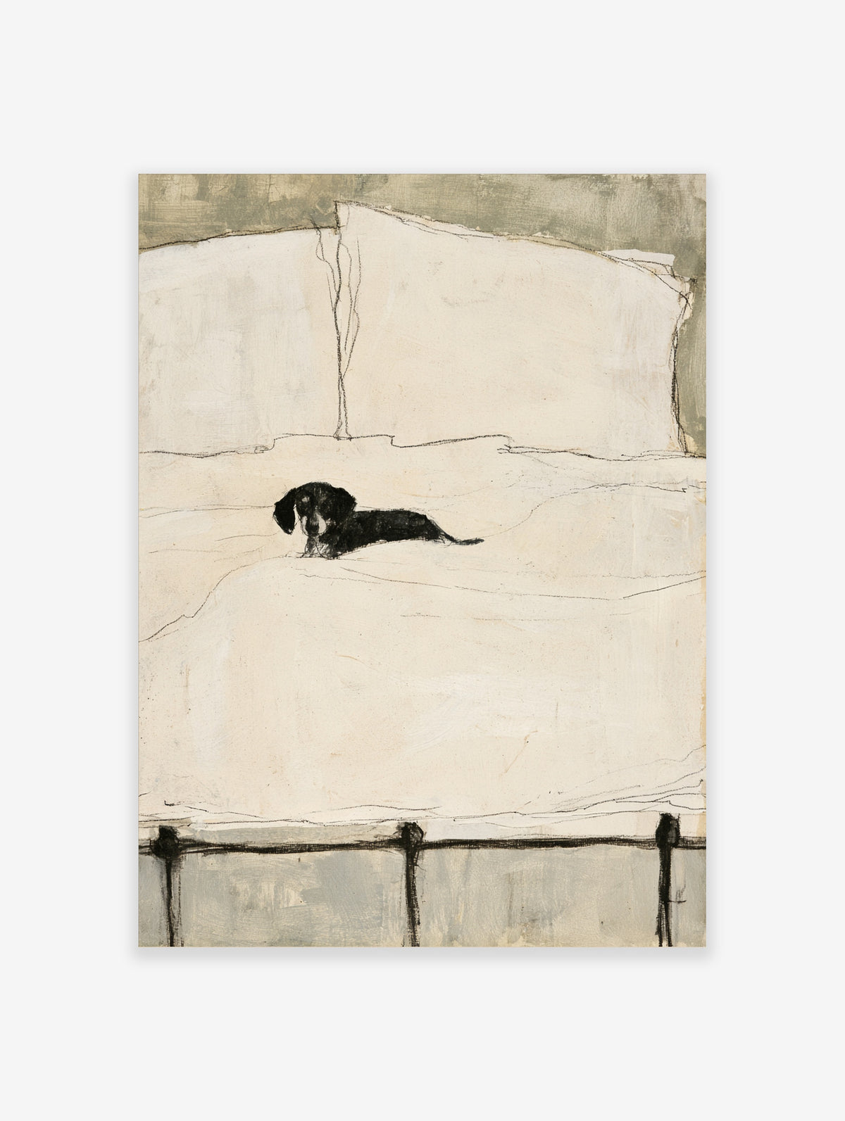 Minimalist black dog sketch art print with charcoal dachshund on cream background