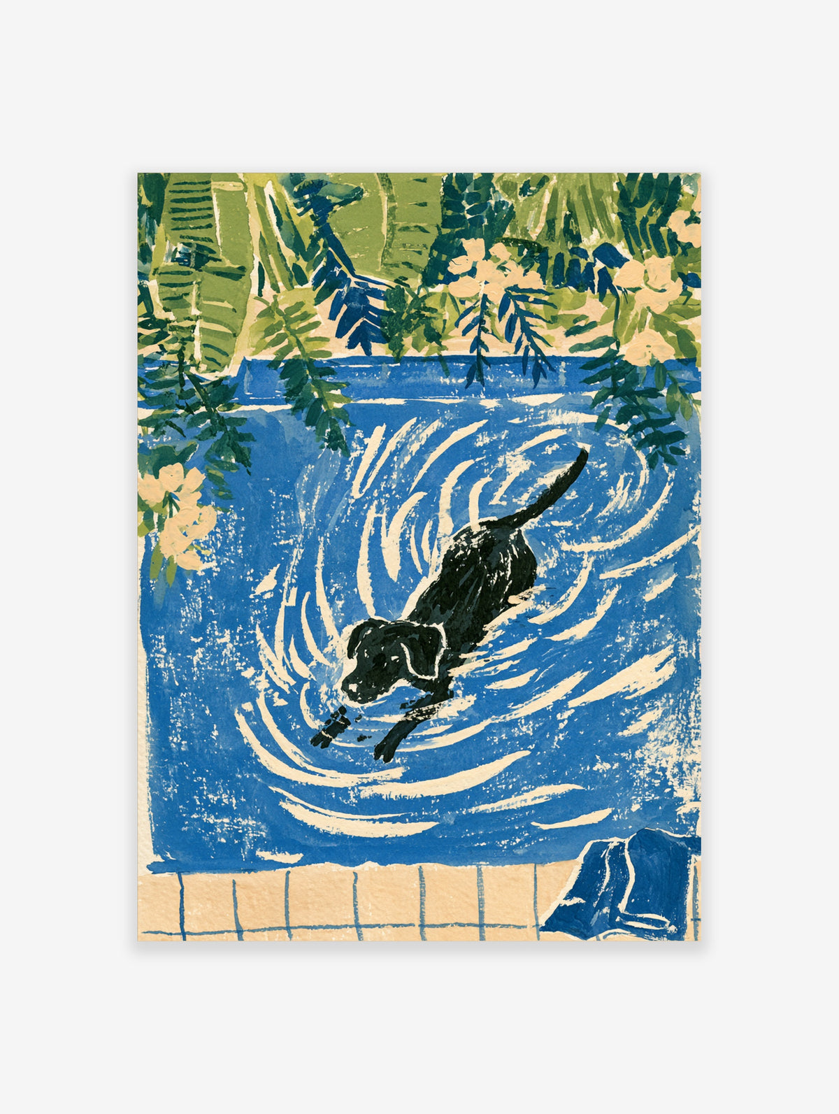 Black dog swimming in blue pool with cream ripples and green foliage art print